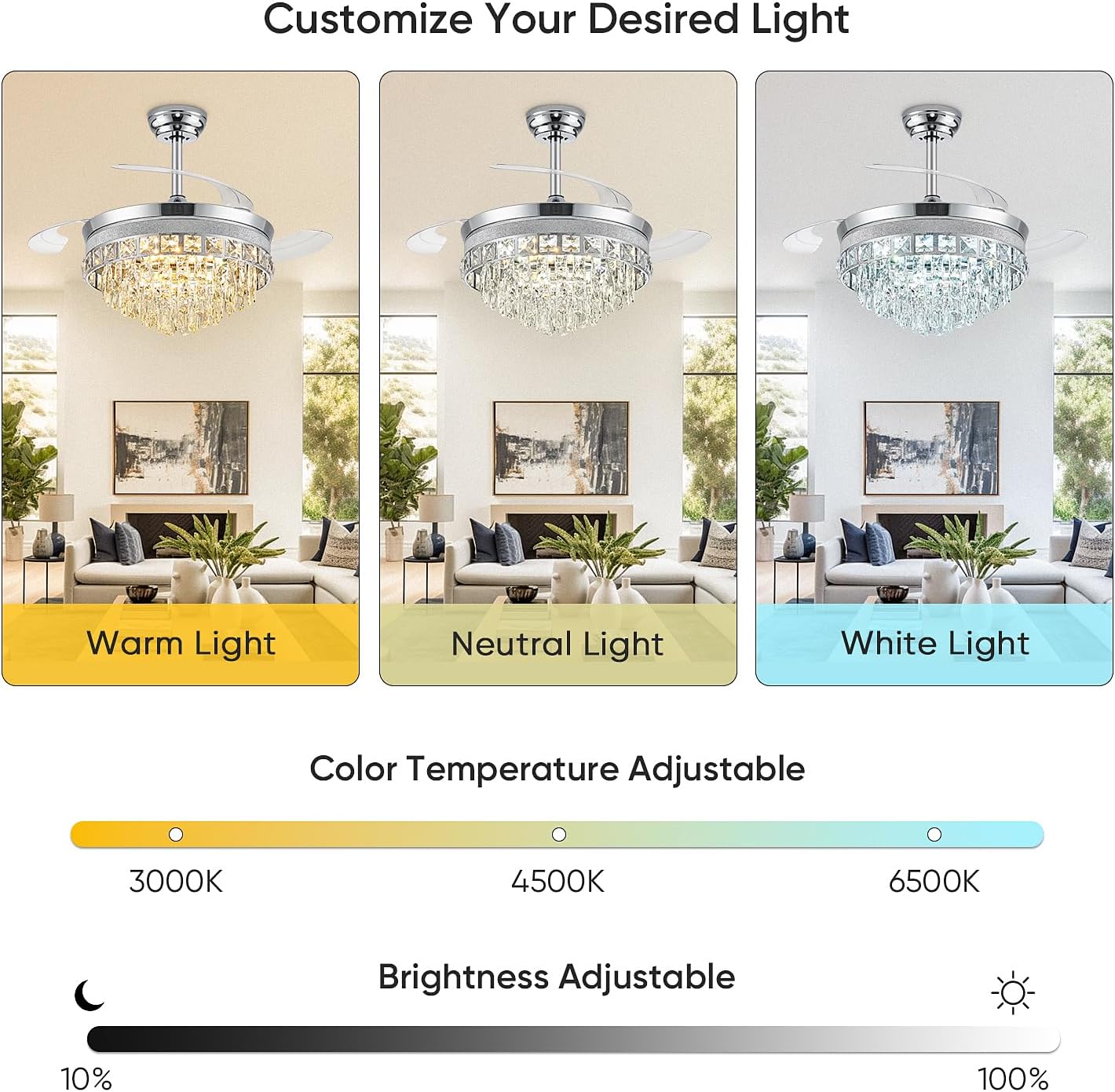 42 Inch Fandelier Ceiling Fan with Light, Chandelier Ceiling Fans with Lights, Crystal Ceiling Fans for Bedroom Living Room, LED Dimmable, 6 Wind Speed,3 Color Temperatures-Chrome