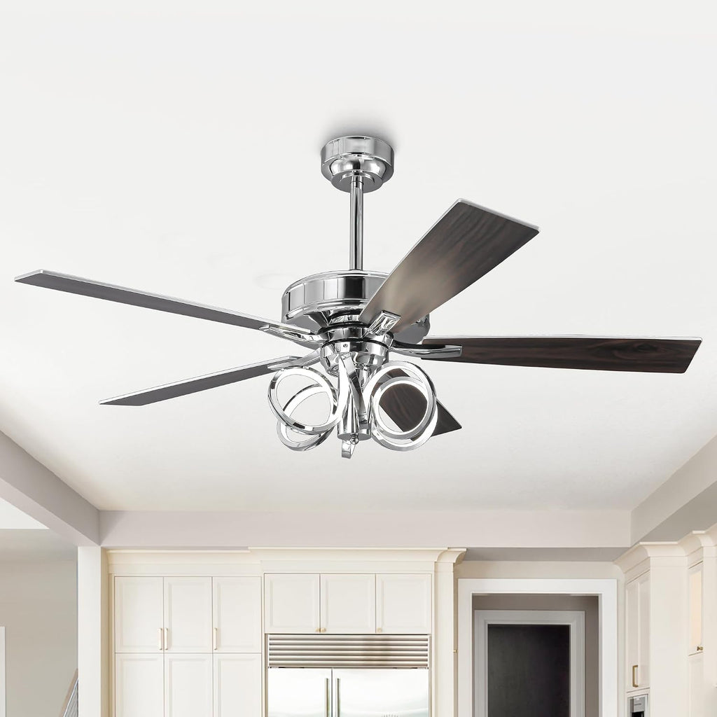 52 Inch Silver Ceiling Fans with Lights and Remote, Creative Modern Ceiling Fan for Bedroom Living Room with 3CCT, 6 Speeds, Timer, Dual-Sided Reversible 5 Blades Indoor Outdoor Chandelier Fan