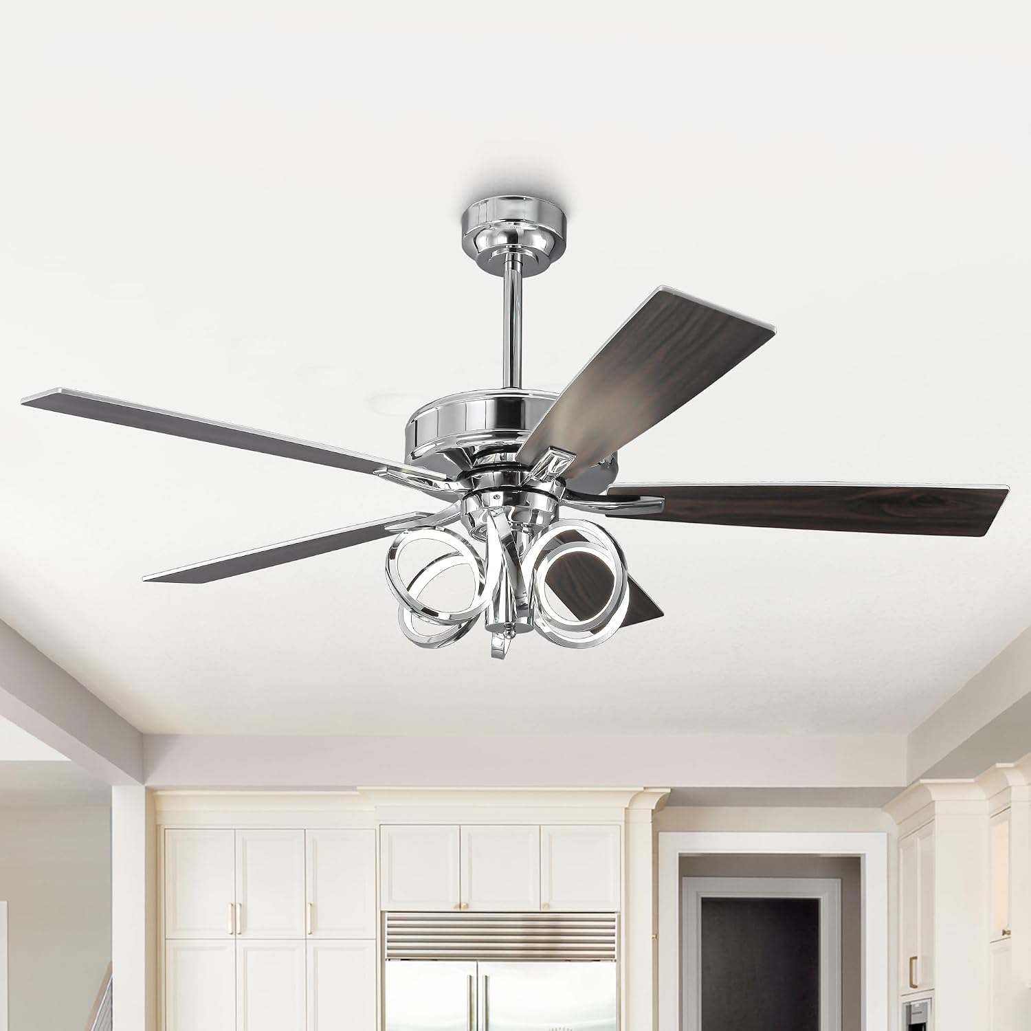 52 Inch Silver Ceiling Fans with Lights and Remote, Creative Modern Ceiling Fan for Bedroom Living Room with 3CCT, 6 Speeds, Timer, Dual-Sided Reversible 5 Blades Indoor Outdoor Chandelier Fan