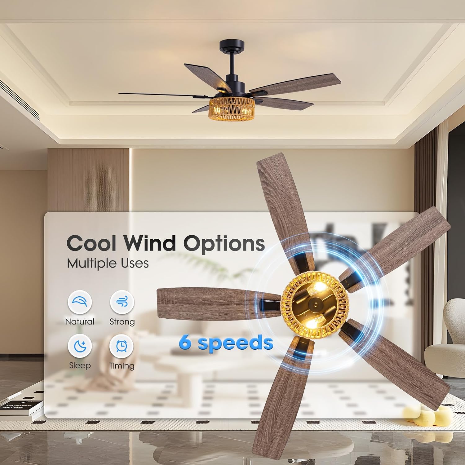LuminFan 52 Inch Boho Black Rattan Ceiling Fans with Lights and Remote Control, Farmhouse Caged Rattan Ceiling Fan for Dining Room, Bedroom, Living Room and Patio, Indoor/Outdoor