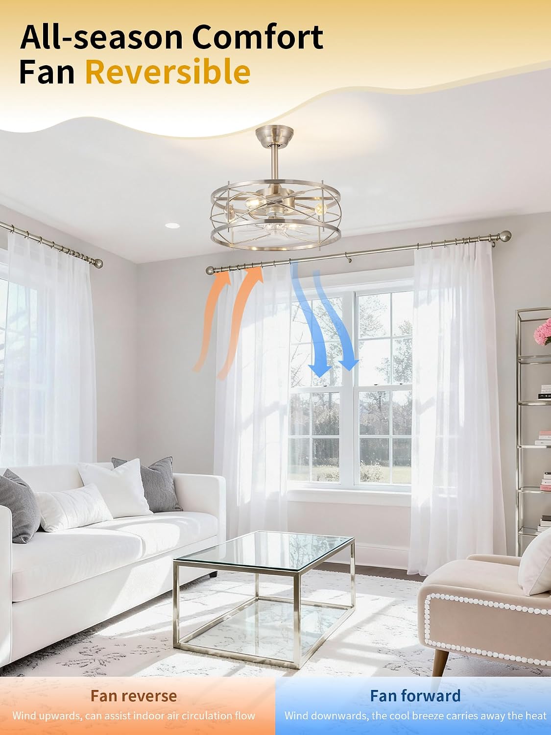 20' Farmhouse Fandelier Ceiling Fan with Light, Caged Bladeless Ceiling Fans with Lights and Remote, Rustic Small Enclosed with 6 Speeds for Bedroom, Kitchen, Living Room, Silver