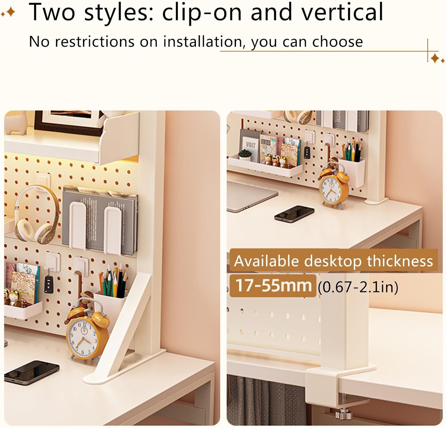 Desktop Bookshelf Organizer with Clamp On Desk Pegboard and Storage Shelf for College Dorm Room,Wood-b-100 * 63cm/39 * 24in