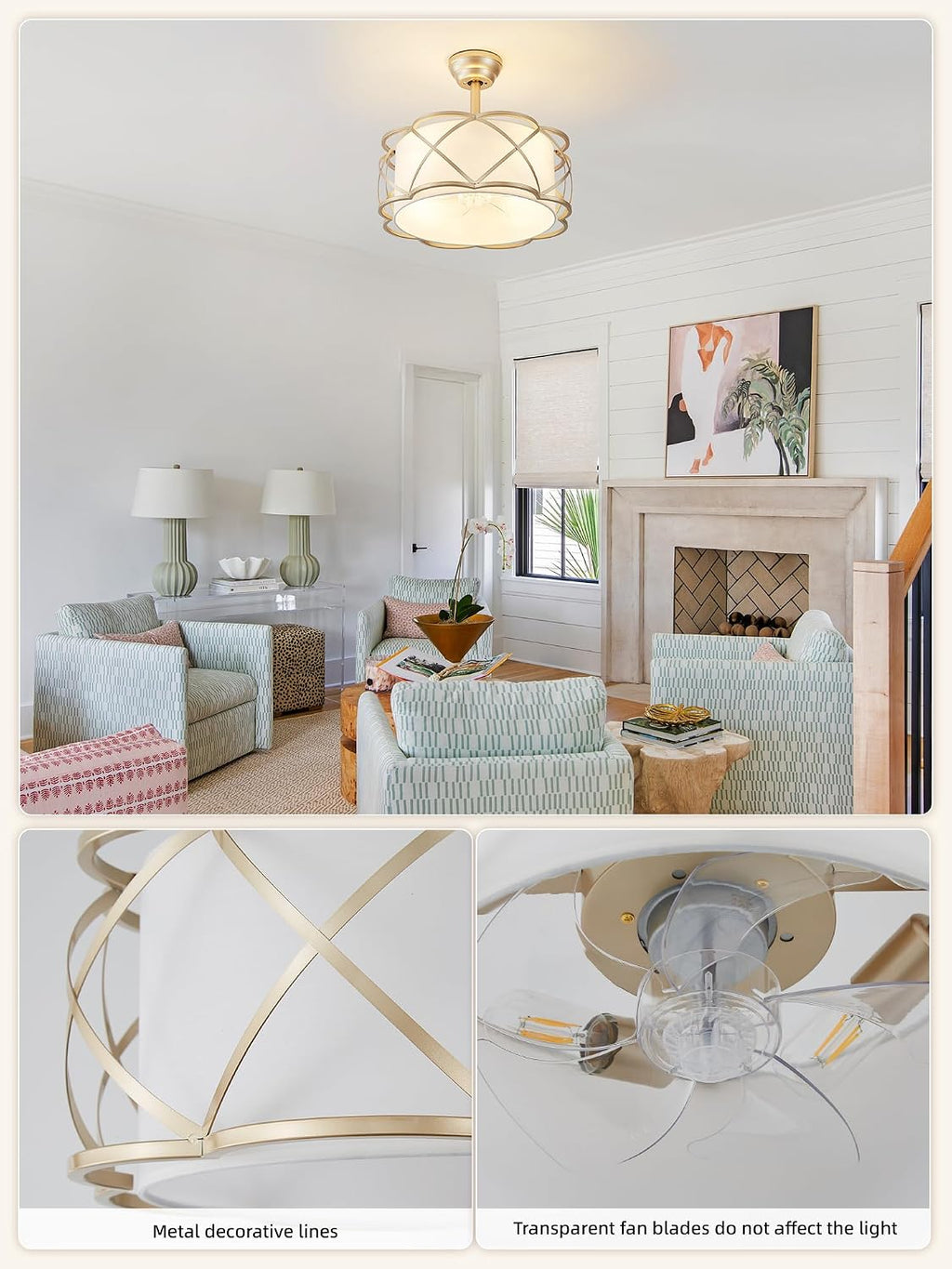 Gold Fandelier Ceiling Fans with Lights, 20' Mid Century Boho Chandelier Ceiling Fan Remote Control with 6 Speeds for Bedroom, Nursery, Living Room