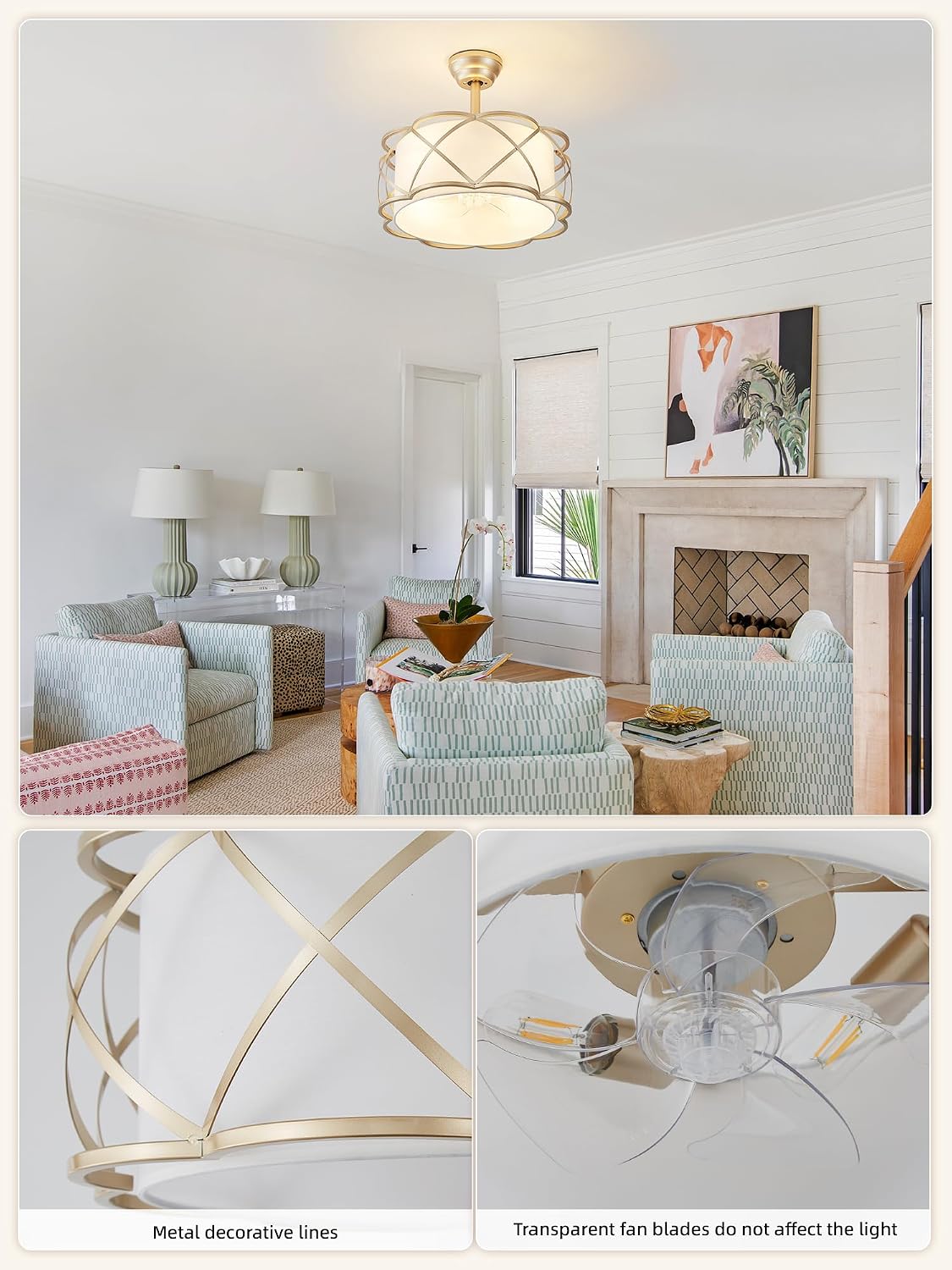 Gold Fandelier Ceiling Fans with Lights, 20' Mid Century Boho Chandelier Ceiling Fan Remote Control with 6 Speeds for Bedroom, Nursery, Living Room