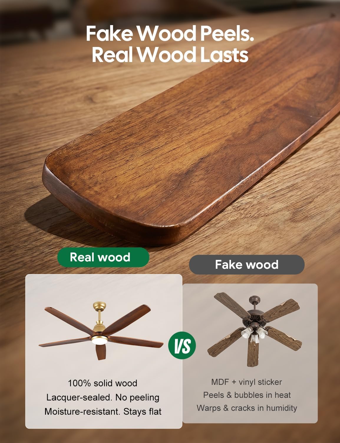 52 Inch Ceiling Fan with Lights, Gold Brass Finish, Solid Wood Ceiling Fan, Outdoor Damp Rated for Patio, High CFM Quiet Reversible DC Motor, Rustic Farmhouse Blades, for Indoor Living Room Bedroom