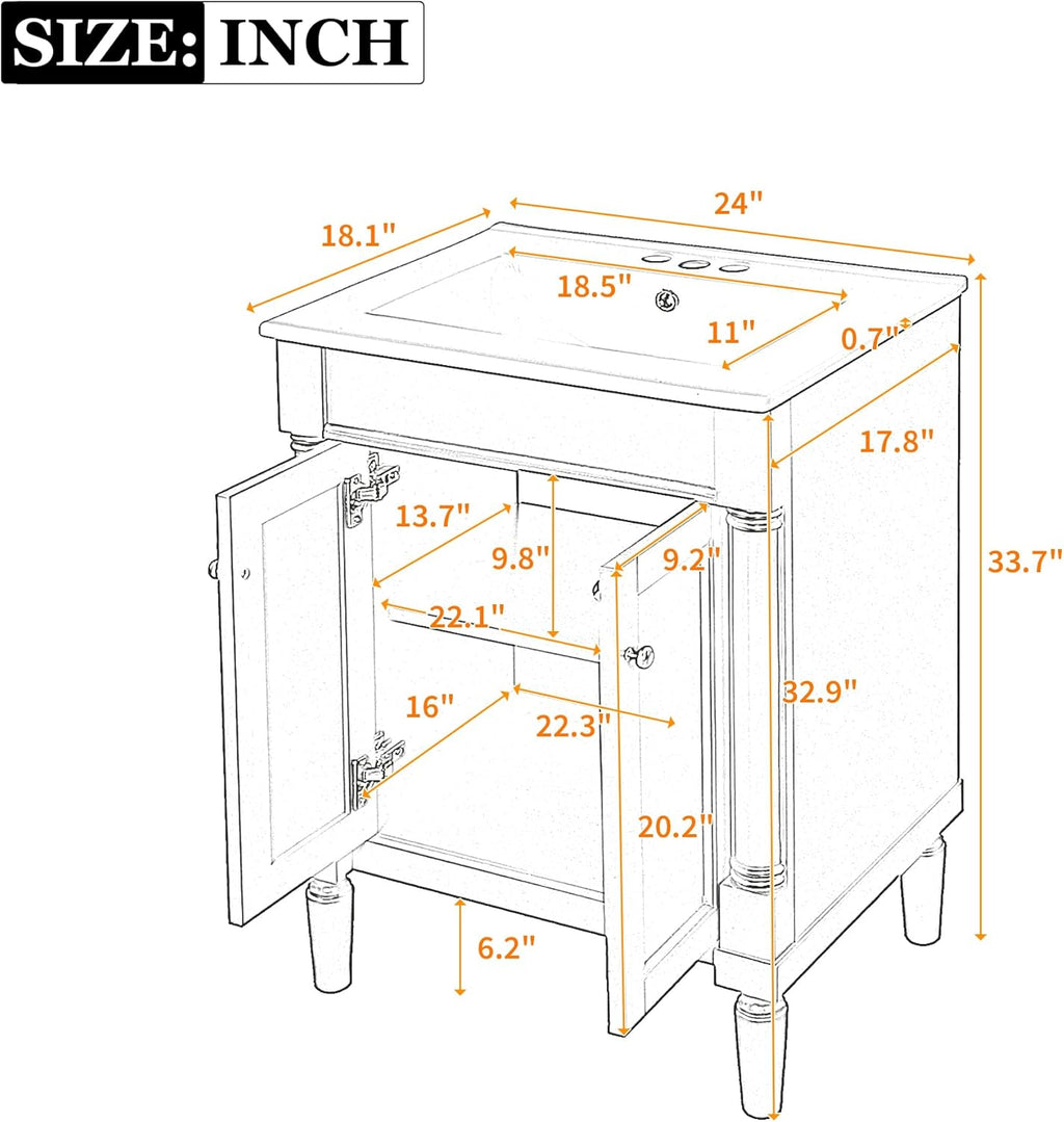 24 Inch Bathroom Vanity with Sink: Modern Gray Storage Cabinet with Ceramic Basin & Soft Close Hinges - Compact Design for Small Bathrooms & Guest Suites with Ample Storage Space & Wood Frame