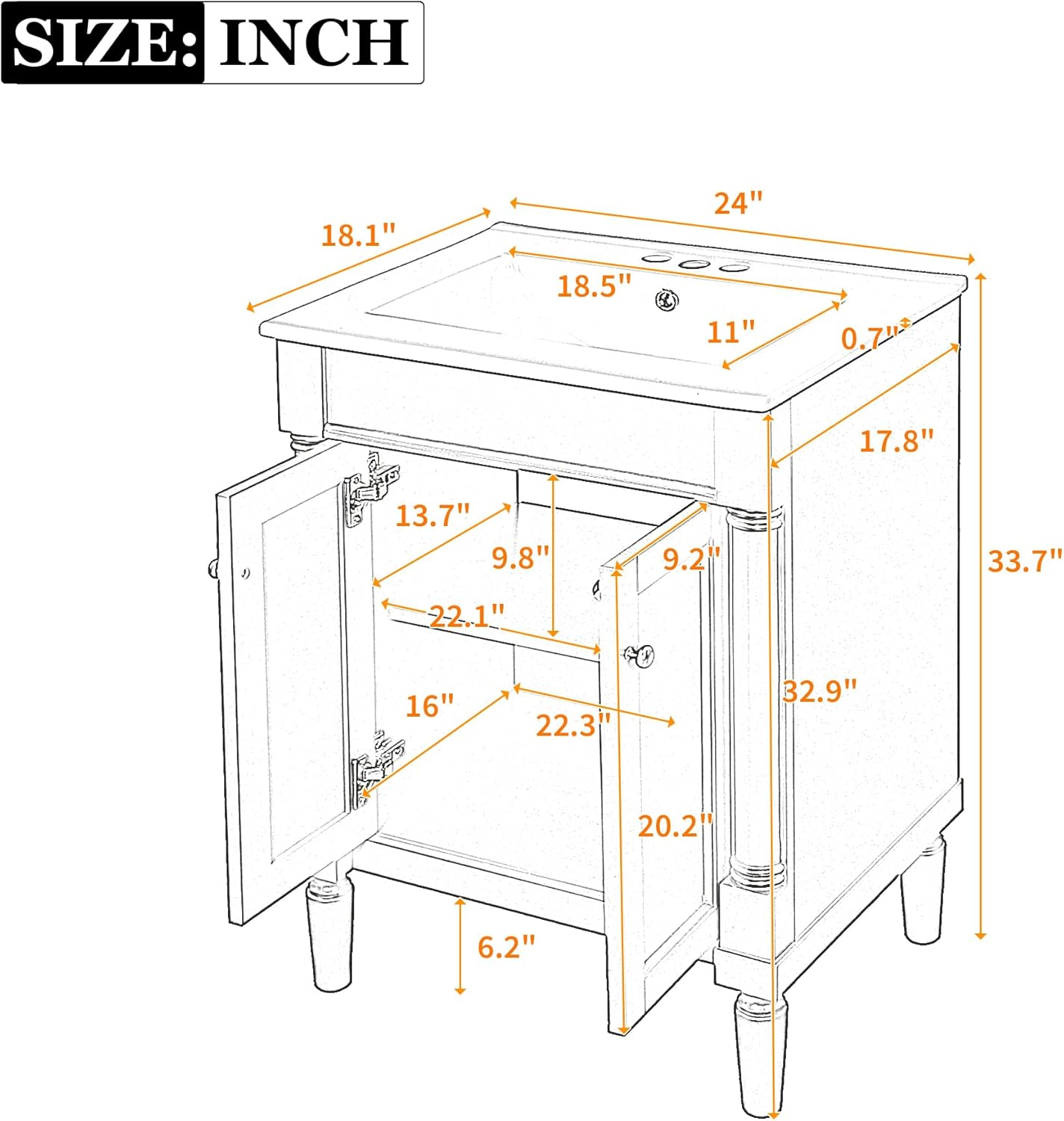 24 Inch Bathroom Vanity with Sink: Modern Gray Storage Cabinet with Ceramic Basin & Soft Close Hinges - Compact Design for Small Bathrooms & Guest Suites with Ample Storage Space & Wood Frame