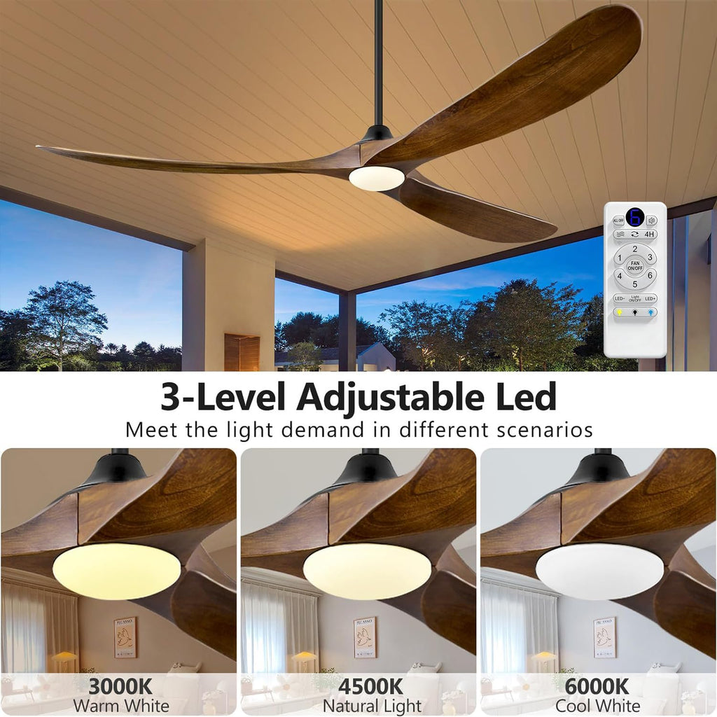 ABZ 60 Inch Ceiling Fans with Lights, Solid Wood Propeller Ceiling Fans with Lights and Remote Control Outdoor Ceiling Fan for Patios Propeller 3 Blades for Indoor Living Room, Walnut Wood