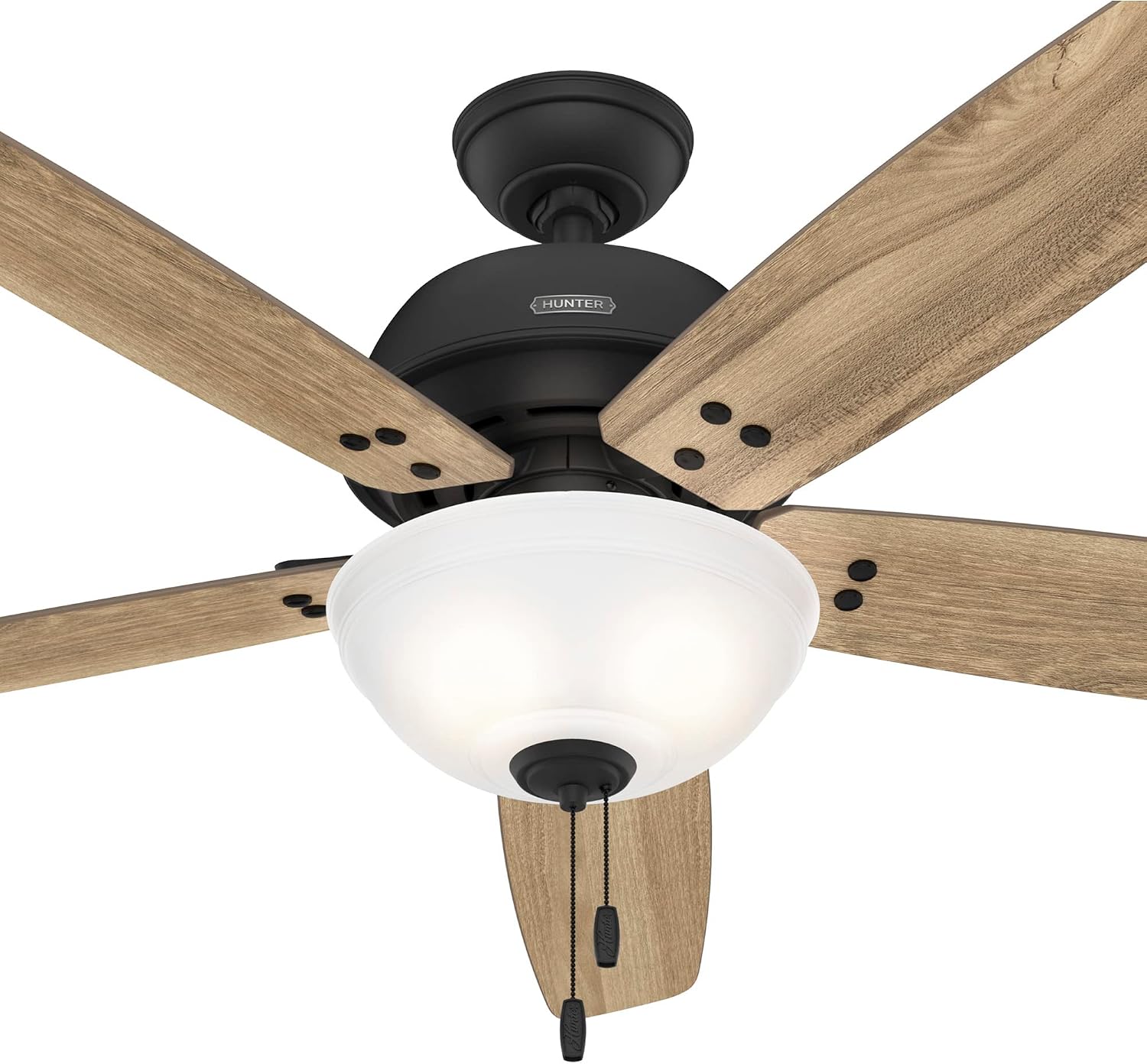Hunter 60 inch Indoor Ceiling Fan with LED Light - Black Ceiling Fan with Pull Chain, for Bedroom or Living Room, Standard Mount, No Remote, 5 Blades, Includes Bulbs - Reveille 52400, Matte Black