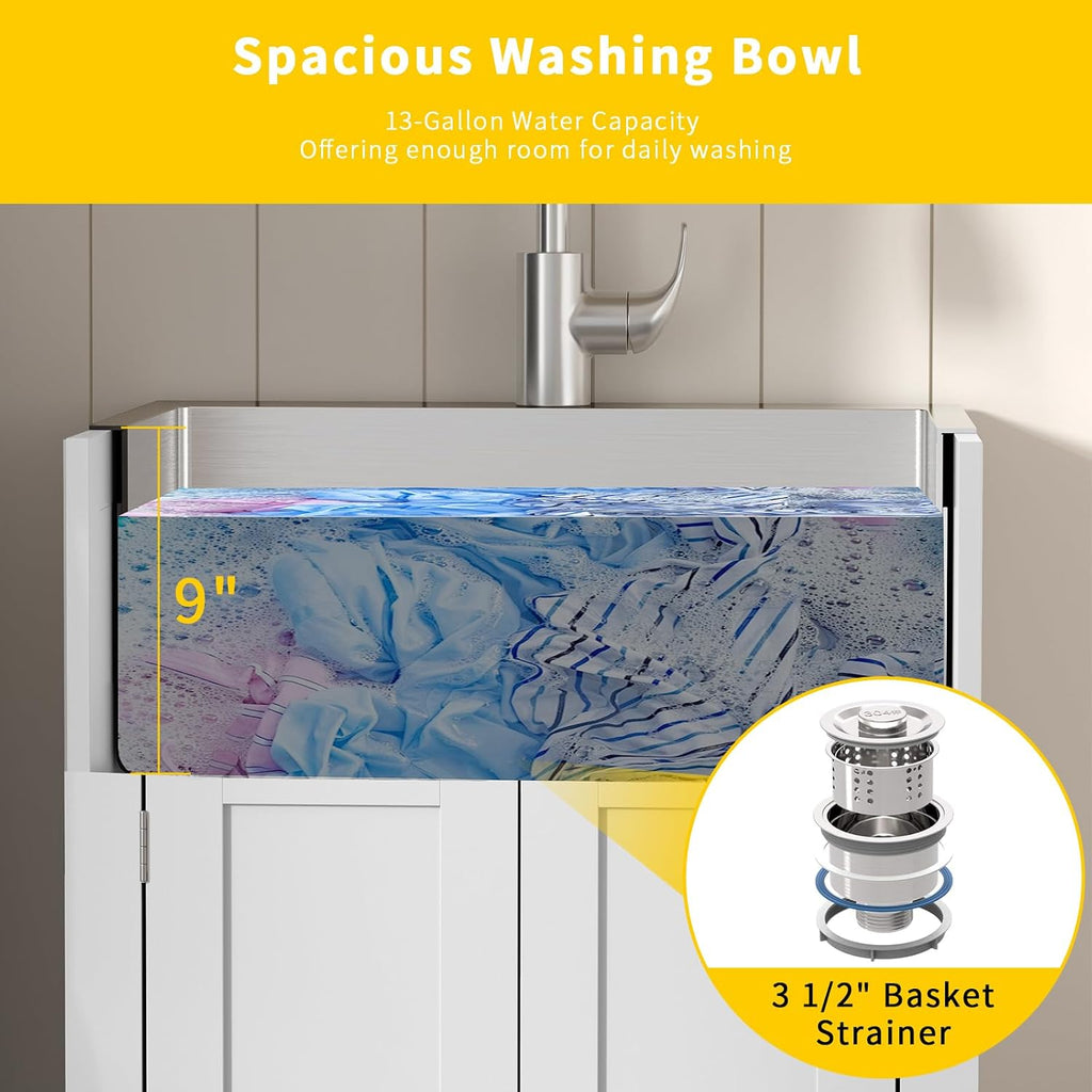VINGLI 24-Inch Laundry Sink with Cabinet and Pull-Out Sprayer Faucet, Stainless Steel Utility Sink with Cabinet, White Cabinet with Sink for Laundry & Utility Room, Kitchen, Bathroom, Basement