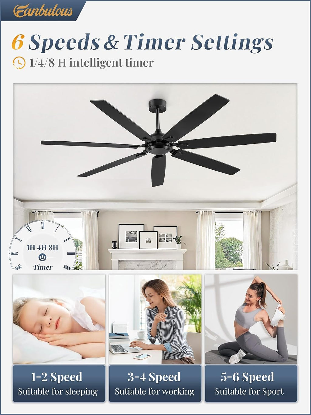 72 Inch Ceiling Fan No Light with Remote Control, Black Ceiling Fans Without Light With 6-Speeds Quiet Reversible DC Motor, Indoor/Outdoor Ceiling Fan with Dual Finish 7 Blades for Patio Living Room
