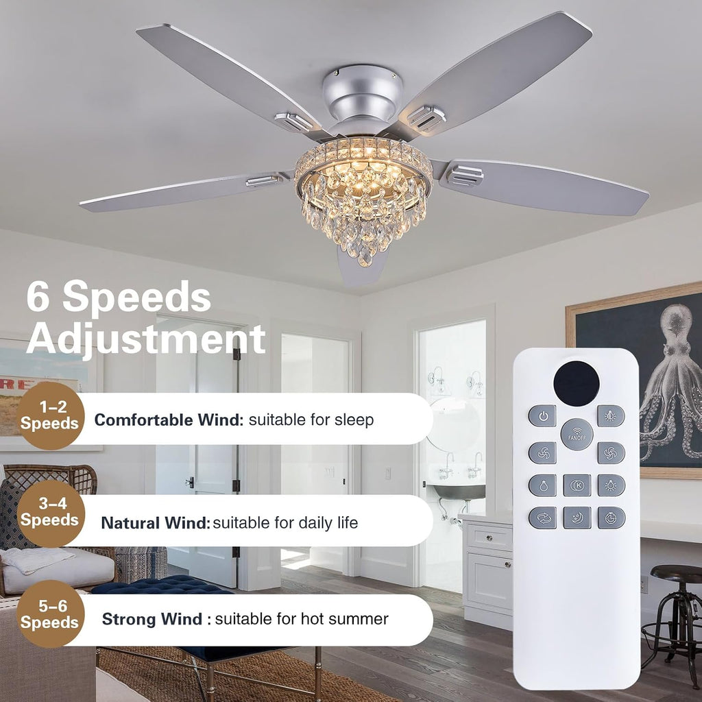 Crystal Ceiling Fan Fandelier with Lights-Ceiling Fans with Lights,54' Low Profile and Remote Control, Flush Mount, Reversible, Dimmable, Noiseless, Sliver Ceiling Fan for Bedroom