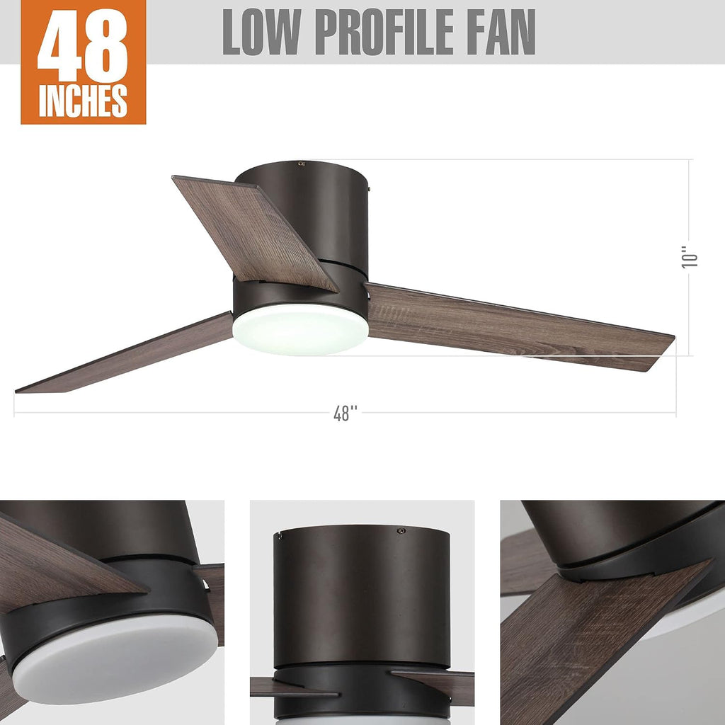 Low Profile Ceiling Fans with Lights and Remote, 48 Inch Bedroom Ceiling Fans Flush Mount, Indoor/Outdoor Fans for Patios, Reversible 3 Blades, Noiseless, Color Temp Adjusted, DOE ETL Tested (Bronze)