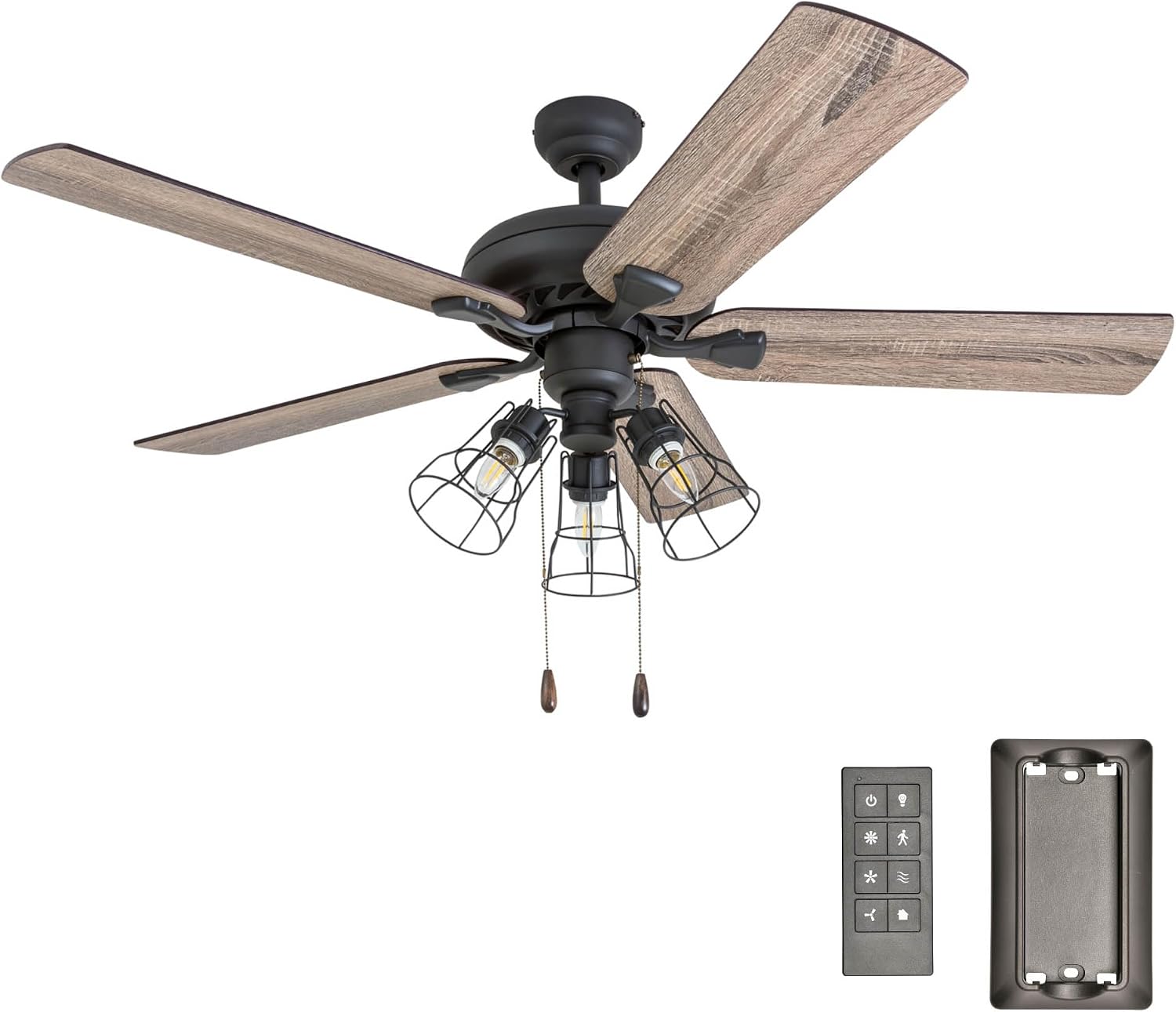 Prominence Home Lincoln Woods 52 Inch Ceiling Fan with LED Light, Pull Chain & Remote, 5 Blades with Reversible Motor and Tri-Mount Options, Bronze