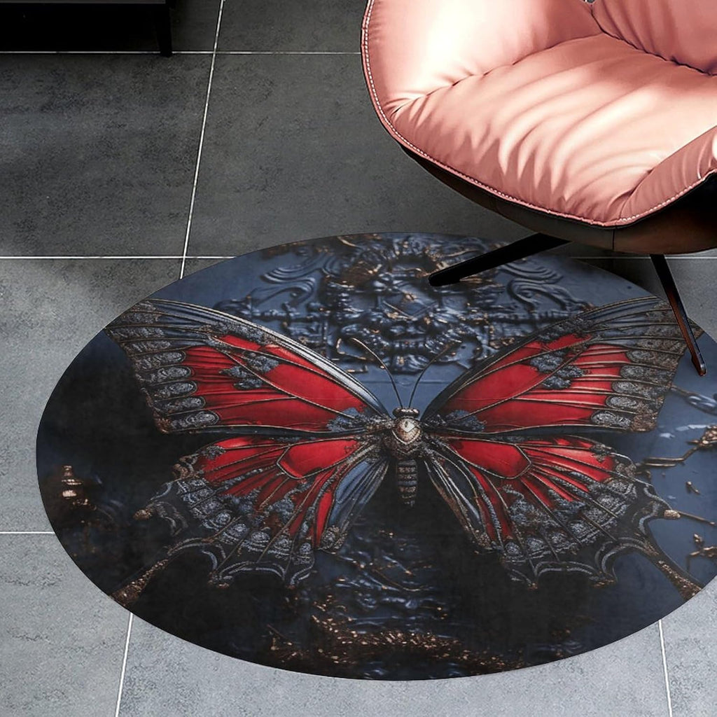 Red Butterfly Coral Velvet Round Floor Mat Non-Slip Bath Rug Floor Covering for Bathroom Vanity Guest Suite & Vacation Home