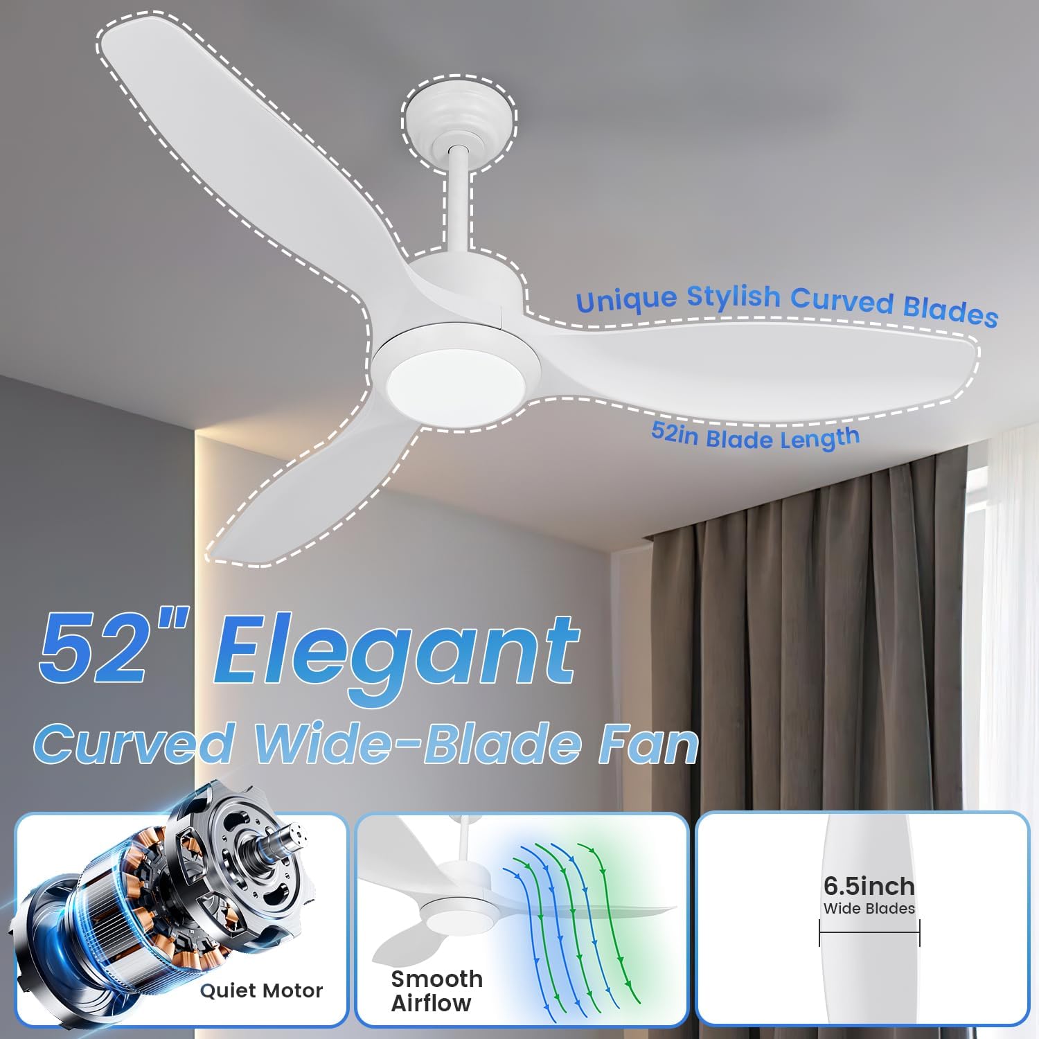 White Ceiling Fan with Light, 52' Outdoor Ceiling Fans with Lights and Remote, 3 Color Light, 6 Speed, DC Motor, for Bedroom/Outdoor/Patios, White