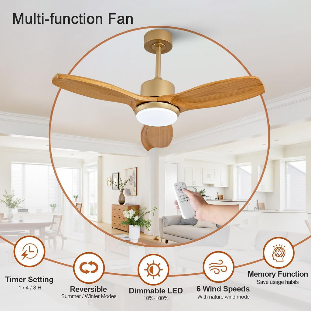 KBZZ 42 Inch Ceiling Fans with Lights and Remote, Solid Wood Blades, Dimmable, Reversible DC Motor, Memory Function, Modern Indoor Outdoor Ceiling Fan with Light for Patio Bedroom (Gold)