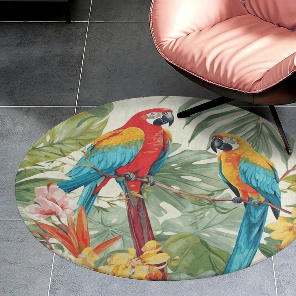Tropical Plants and Parrots Coral Velvet Round Floor Mat Non-Slip Bath Rug Floor Covering for Bathroom Vanity Guest Suite & Vacation Home