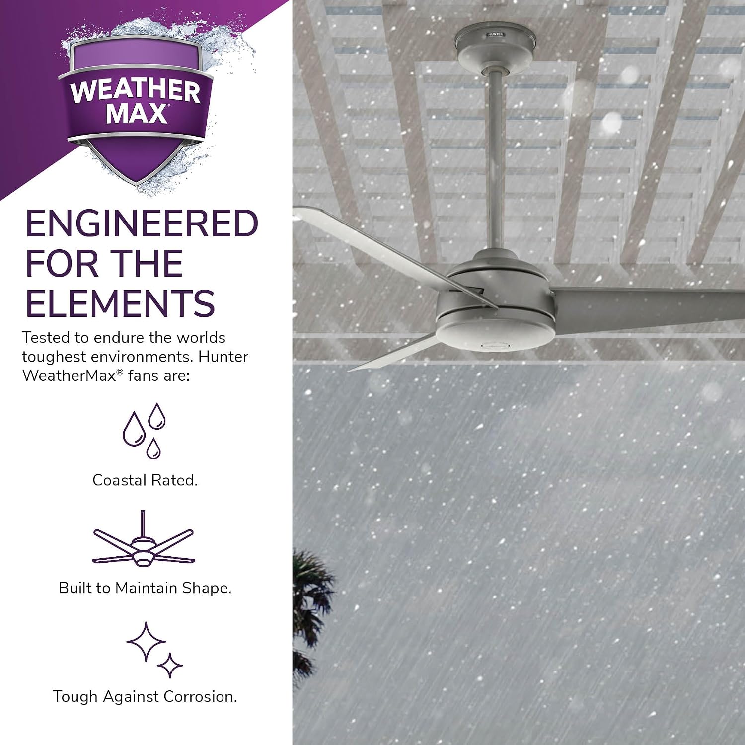 Hunter 52 inch Outdoor or Indoor Ceiling Fan No Light - Ceiling Fan without Light, For Patio, Porch, Garage, or Living Room, Standard Mount, 3 Blades, Wall Control - Trimaran 59608, Matte Silver