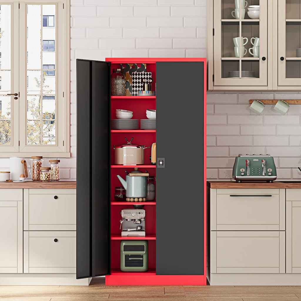 Fesbos Metal Storage Cabinet-71' Tall Steel File Cabinets with Lockable Doors and Adjustable Shelves-Black&Red Steel Storage Cabinet for Home,Kitchen, School, Office, Garage