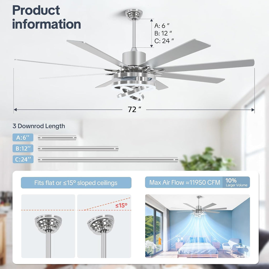 72' Ceilling Fans with Lights, Chandelier Fan Modern DC Motor Dimmable Led Fandelier Ceiling Fan with Light for Bedroom, Living Room, Indoor/Outdoor, Silver