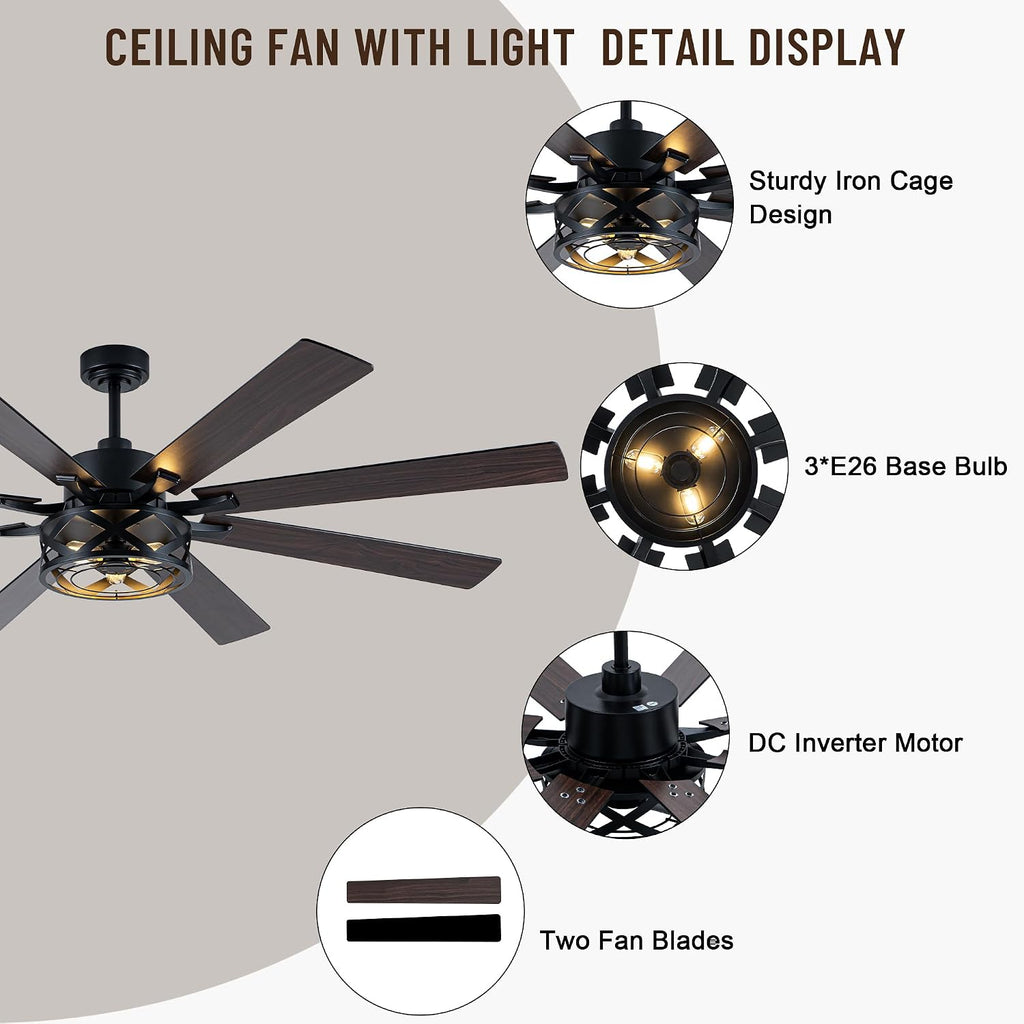 72' Industrial Ceiling Fan with Lights, 8 Blades Dual Color,Reversible DC Motor,Remote Control,6 Speeds,Timer,Quiet Ceiling Fan for Bedroom Living Room Patio