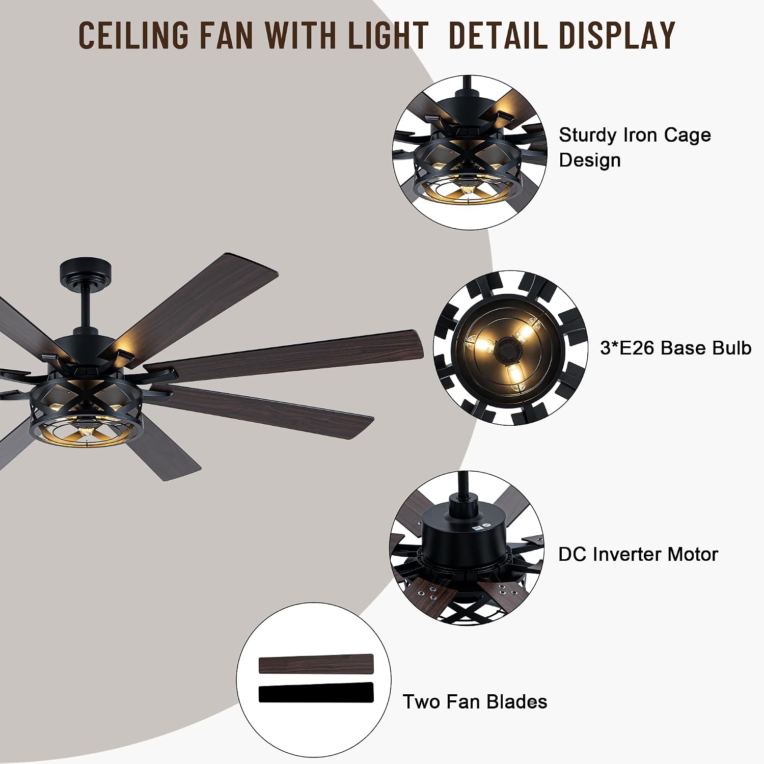72' Industrial Ceiling Fan with Lights, 8 Blades Dual Color,Reversible DC Motor,Remote Control,6 Speeds,Timer,Quiet Ceiling Fan for Bedroom Living Room Patio