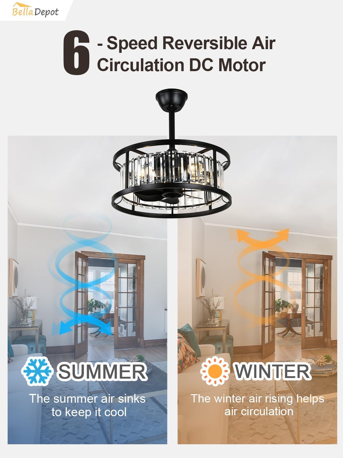Bella Depot 20' Black Flush Mount Ceiling Fan, Caged Crystal Chandelier Fan with Light (No Bulbs Included), Quiet DC Motor for Bedroom Dining Living Room