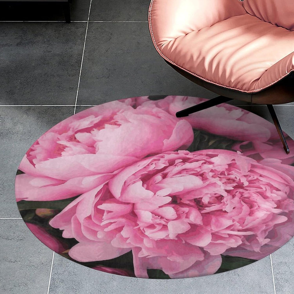Pink Peony Coral Velvet Round Floor Mat Non-Slip Bath Rug Floor Covering for Bathroom Vanity Guest Suite & Vacation Home