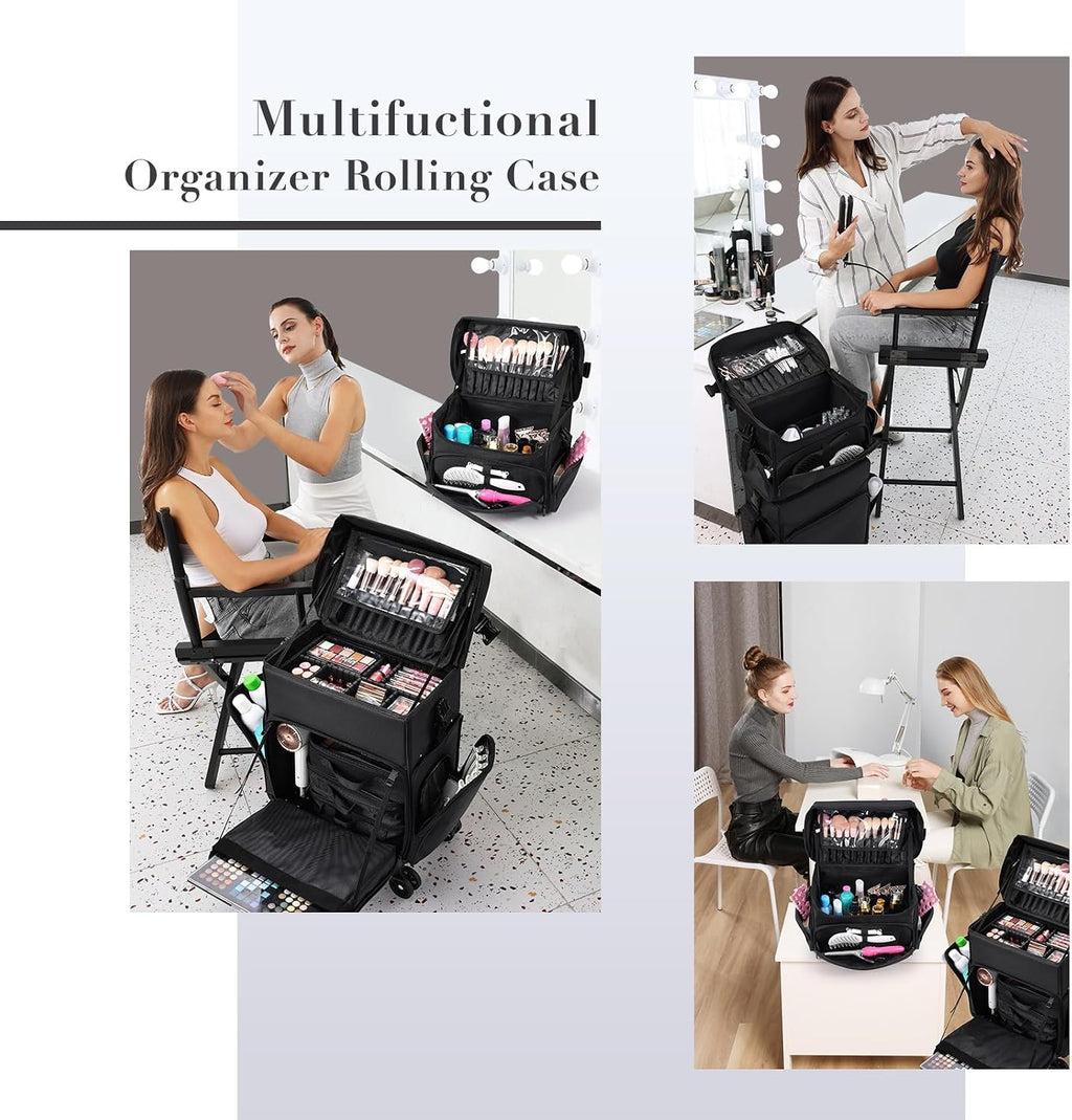 Stagiant Professional Rolling Makeup Case, Soft Sided Make up Train Case, Travel Organizer Portable with Wheel for Makeup Artist Cosmetology Nail Technician Hair Stylist Supplies, 2 In 1 Nylon Black