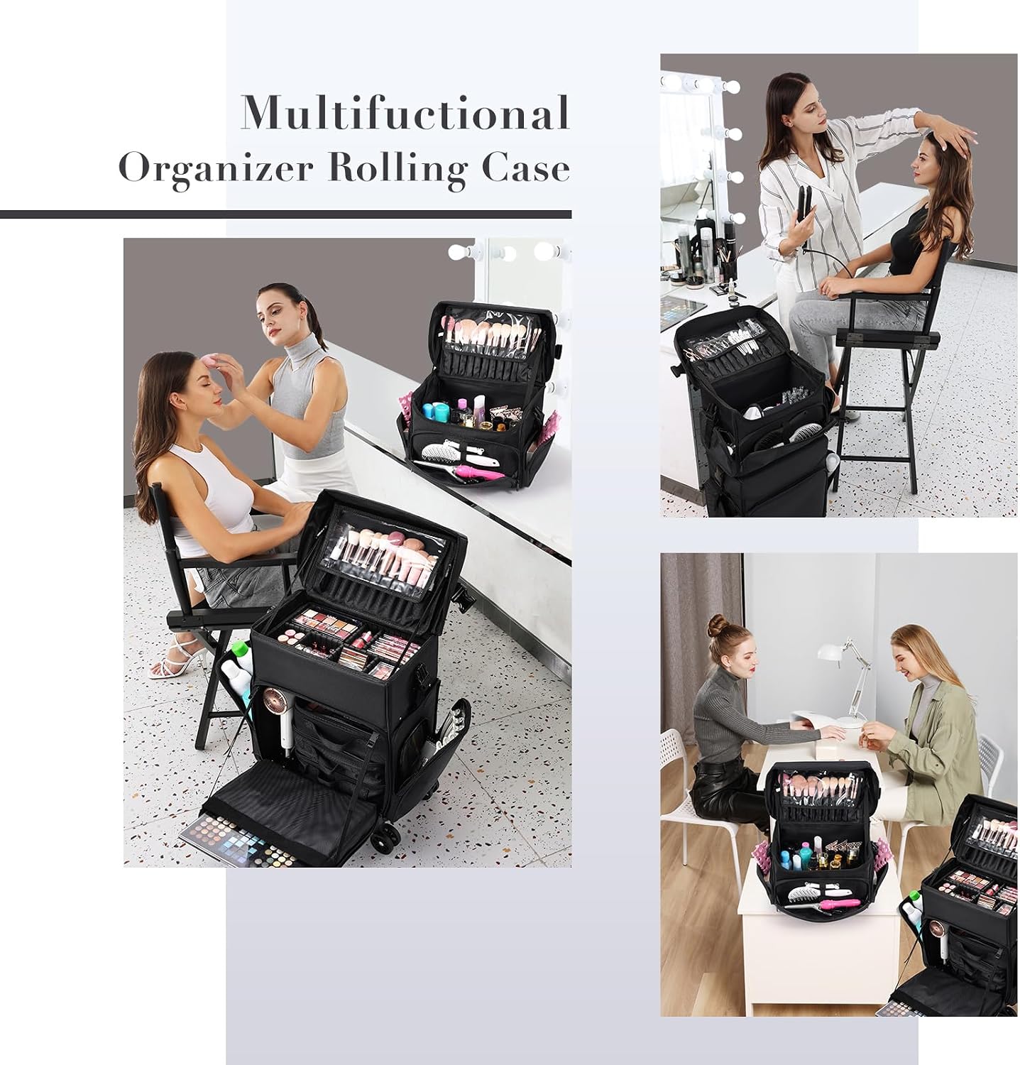 Stagiant Professional Rolling Makeup Case, Soft Sided Make up Train Case, Travel Organizer Portable with Wheel for Makeup Artist Cosmetology Nail Technician Hair Stylist Supplies, 2 In 1 Nylon Black