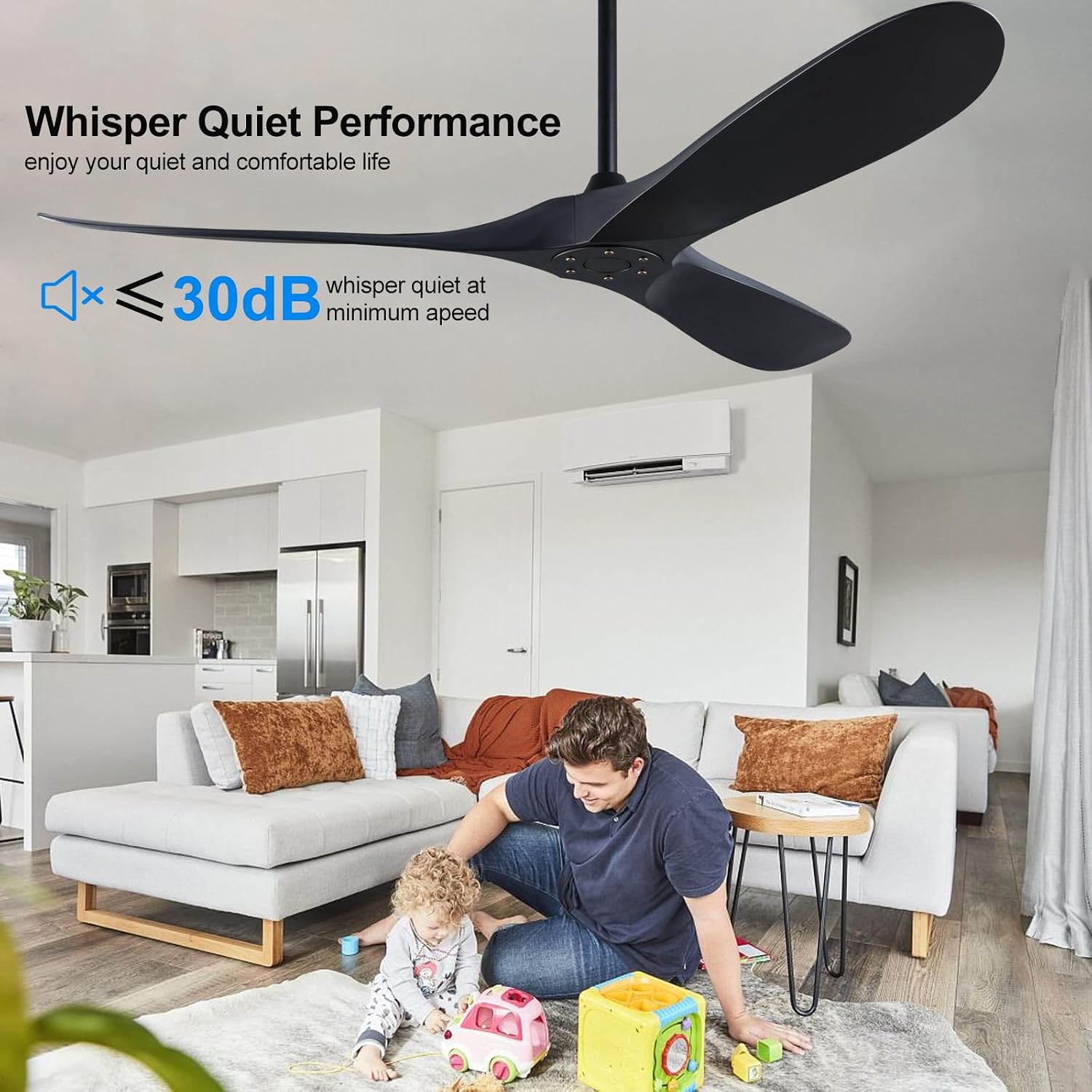 52'' Ceiling Fan without Lights, Black Modern 3 Blades Ceiling Fan with Remote Control, 6 Speed Quiet Reversible DC Motor, Indoor Outdoor Ceiling Fans for Bedroom Dining Room Study Patios.