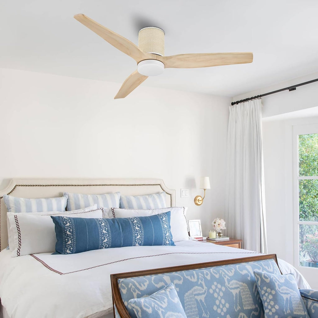 LEDLUX 52' Ceiling Fan with Light - Low Profile Flush Mount Ceiling Fan, 6-Speed Remote Control, Solid Wood, Quiet Reversible DC Motor, Boho Style, for Bedroom, Living Room, Porch, Light Oak/White