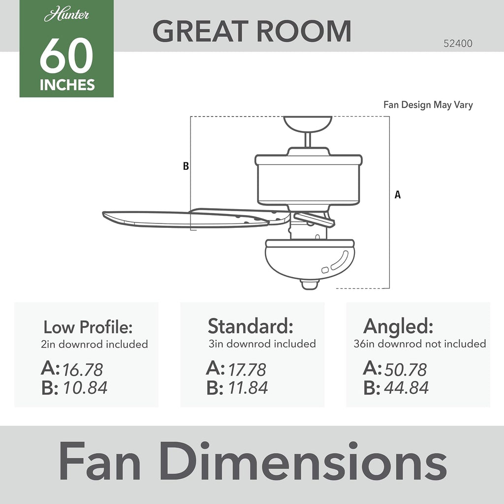 Hunter 60 inch Indoor Ceiling Fan with LED Light - Black Ceiling Fan with Pull Chain, for Bedroom or Living Room, Standard Mount, No Remote, 5 Blades, Includes Bulbs - Reveille 52400, Matte Black