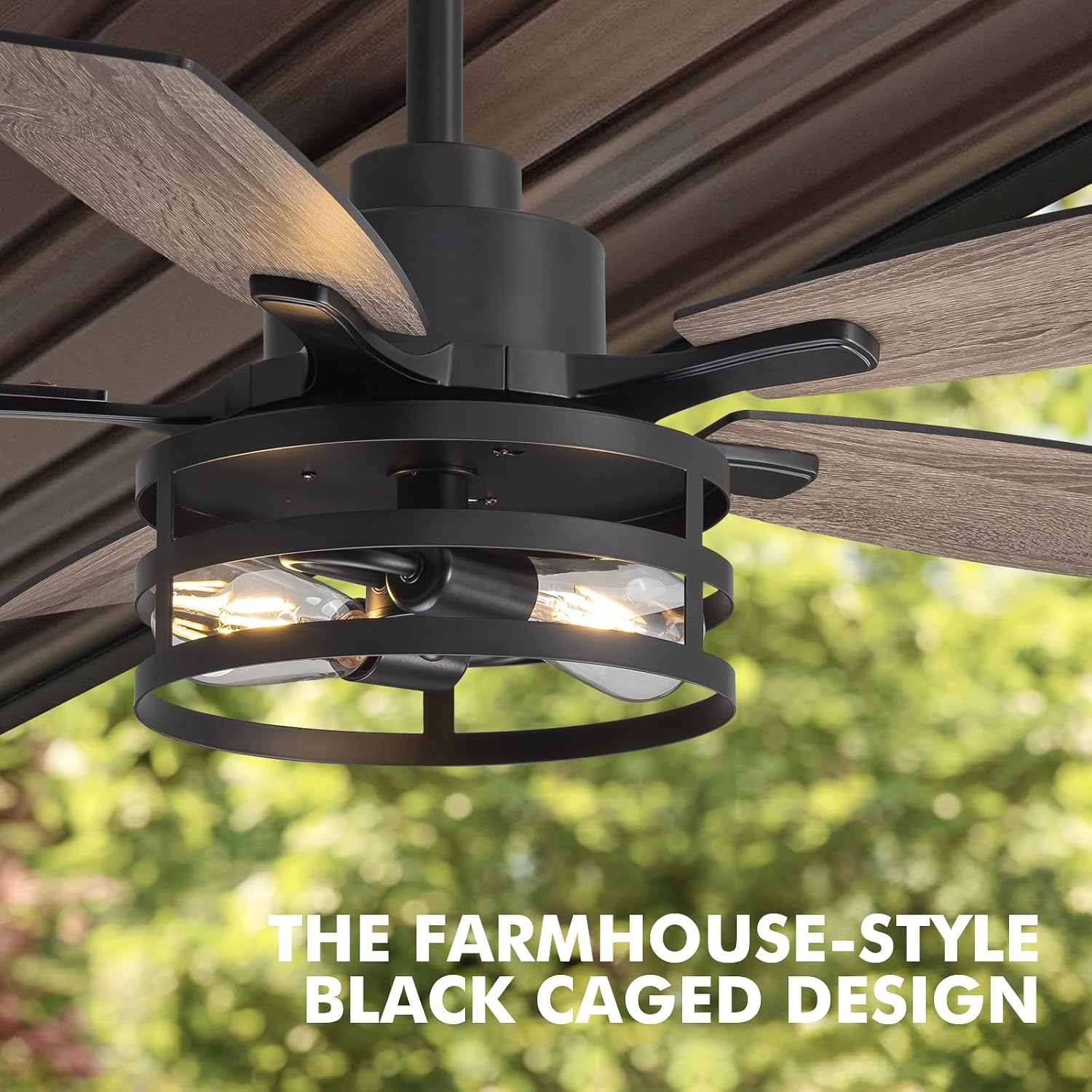 42 Inch Flush Mount Ceiling Fans with Lights and Remote Control, Farmhouse Ceiling Fan with LED Lighting for Bedroom Living Room and Patio, Black Caged Ceiling Fan for Indoor and Outdoor(NO Bulbs)