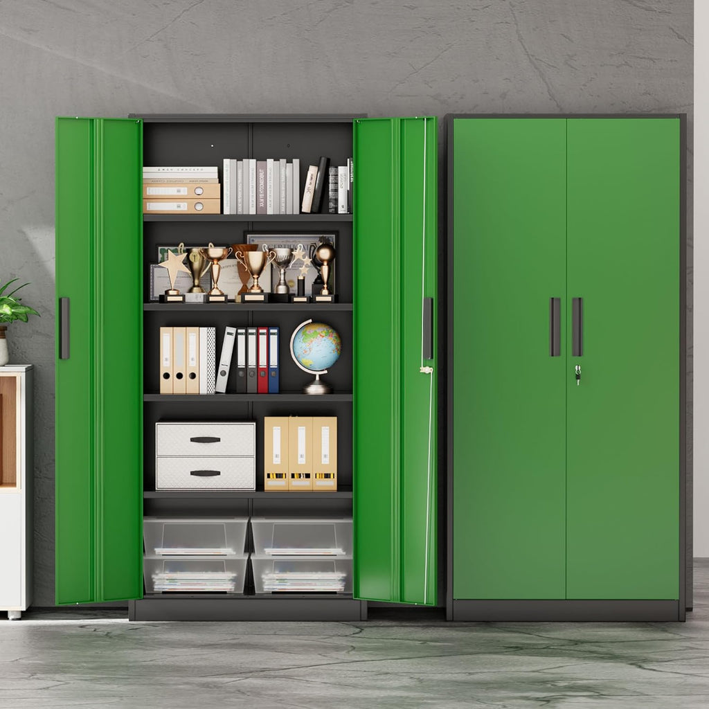INTERGREAT Storage Cabinet with Doors and Shelves, Metal Garage Storage Cabinets with Lock, Black Lockable Steel Supply Cabinet for Home Office, Warehouse (Black Green)