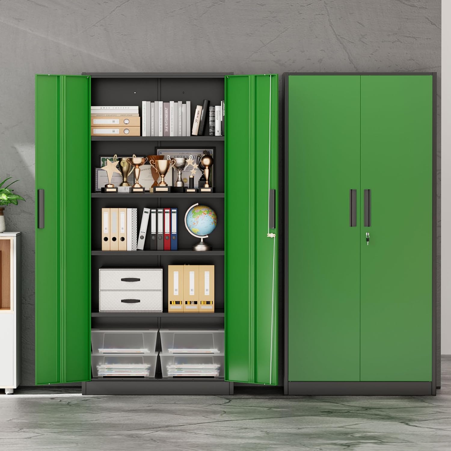 INTERGREAT Storage Cabinet with Doors and Shelves, Metal Garage Storage Cabinets with Lock, Black Lockable Steel Supply Cabinet for Home Office, Warehouse (Black Green)