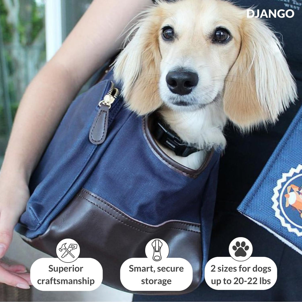 DJANGO Waxed Canvas & Leather Dog Carrier Tote Bag – Premium Soft-Sided Travel Dog Purse with Safety Leash, WR Lining, & Large Zipper Pockets – Everyday Pet Carrier for Small Dogs (Navy Blue, Medium)