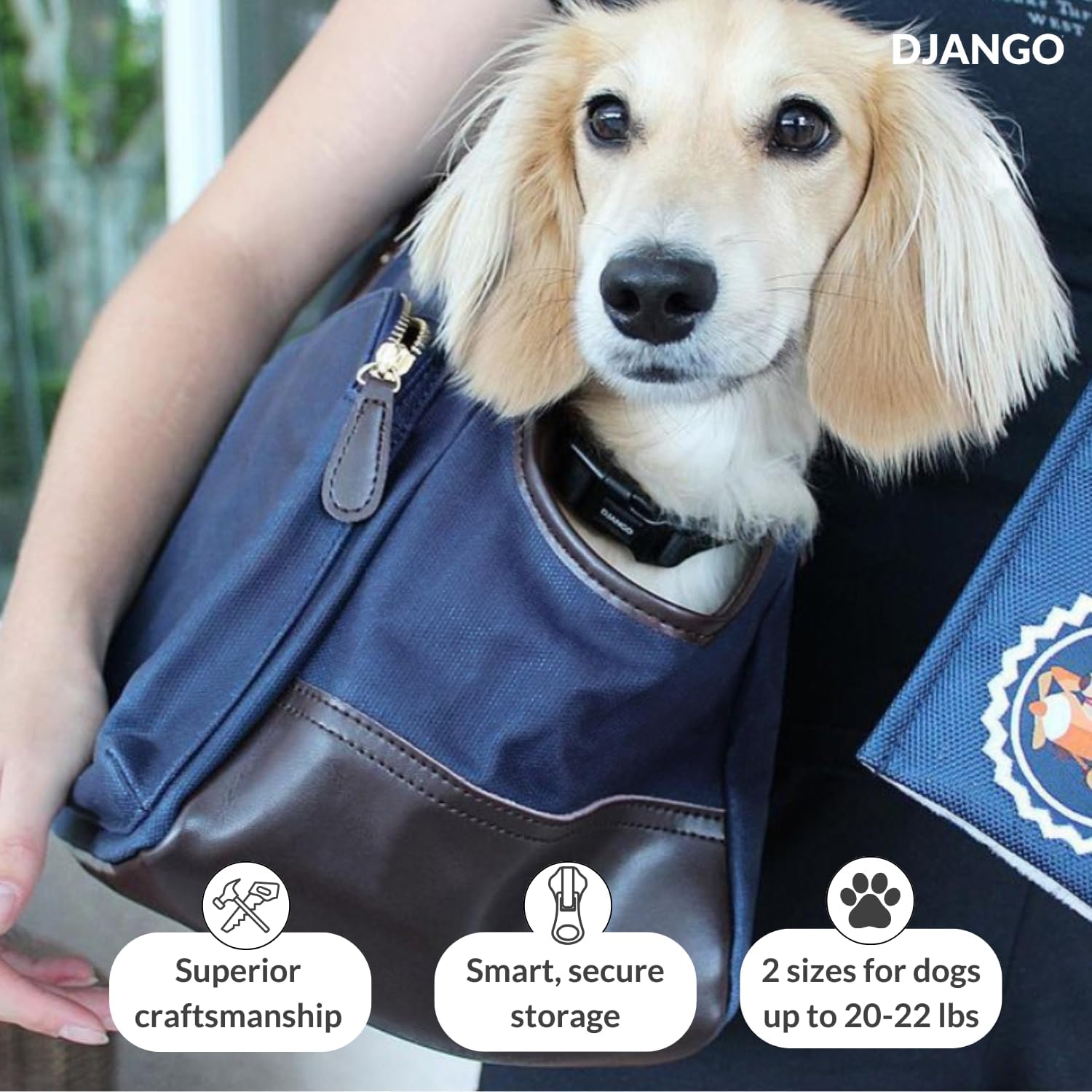DJANGO Waxed Canvas & Leather Dog Carrier Tote Bag – Premium Soft-Sided Travel Dog Purse with Safety Leash, WR Lining, Zipper Pockets – Everyday Pet Carrier for Small Dogs up to 20 lbs (Navy, Large)