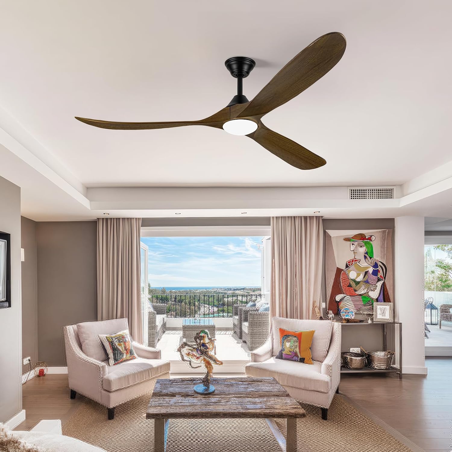 60 Inch Wood Ceiling Fan with Light, Outdoor Farmhouse Rustic Ceiling Fans for Patios Remote/App/Alexa Control, 3 Blades Large Airflow Propeller Dc Ceiling Fans for Indoor Outside