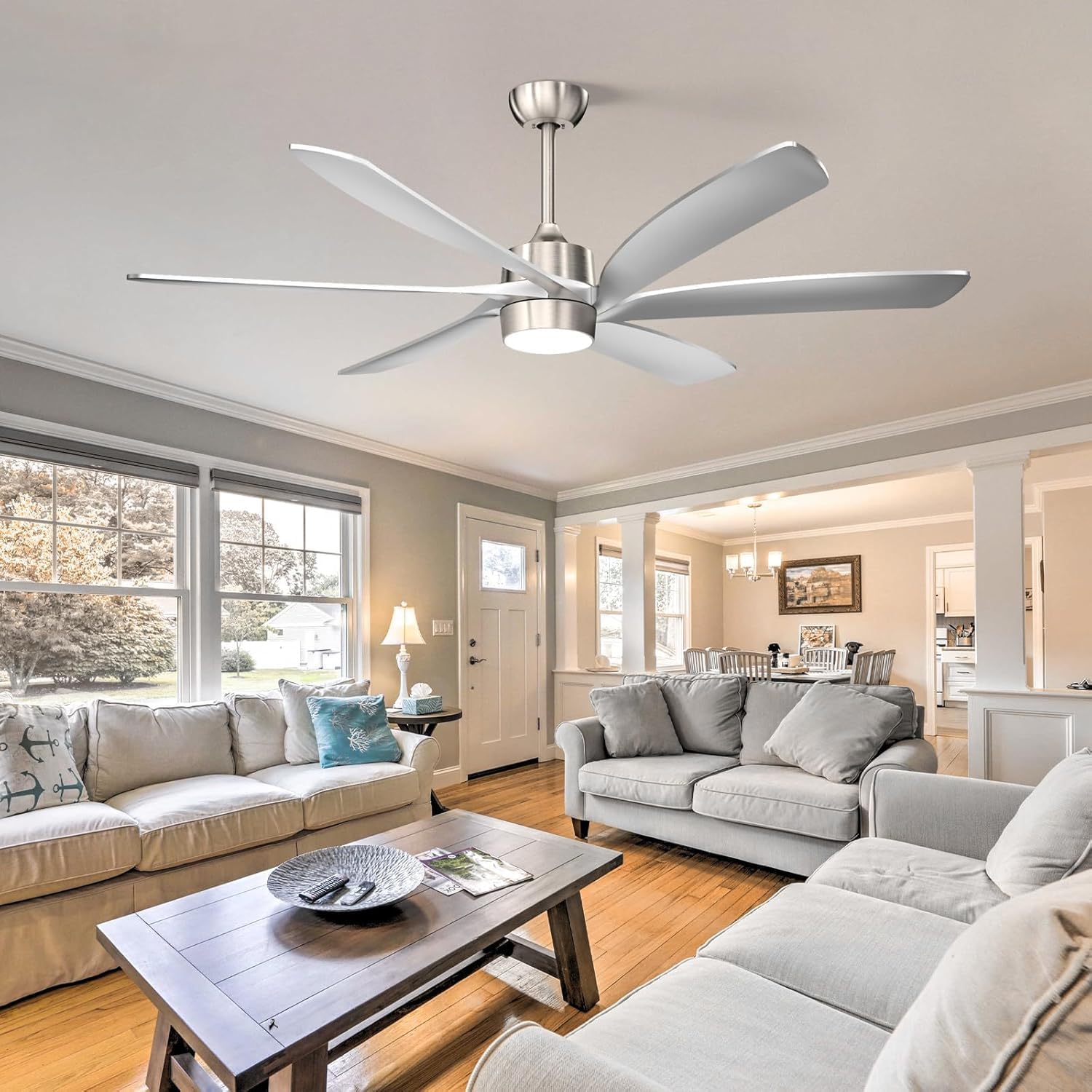 64 Inch Modern Outdoor Ceiling Fan with Light and Remote, Large Industrial Low Profile Ceiling Fan, Energy Efficient Reversible High CFM Quiet DC Motor, for Indoor Living room Outside Porch Dimmable