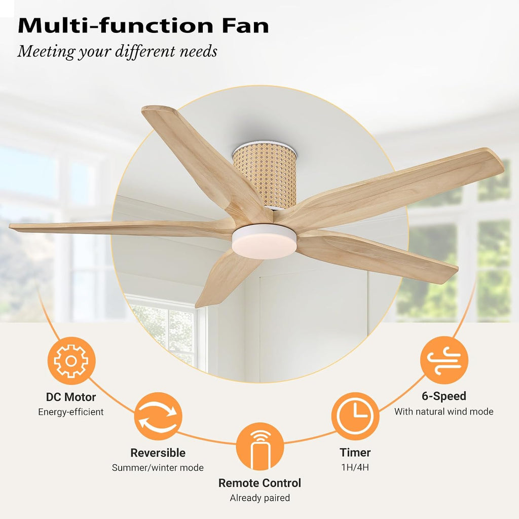 LEDLUX 54' Ceiling Fan with Light - Low Profile Flush Mount Ceiling Fan, 6-Speed Remote Control, Solid Wood, Quiet Reversible DC Motor, Wood/White Finish, for Bedroom, Living Room, Porch
