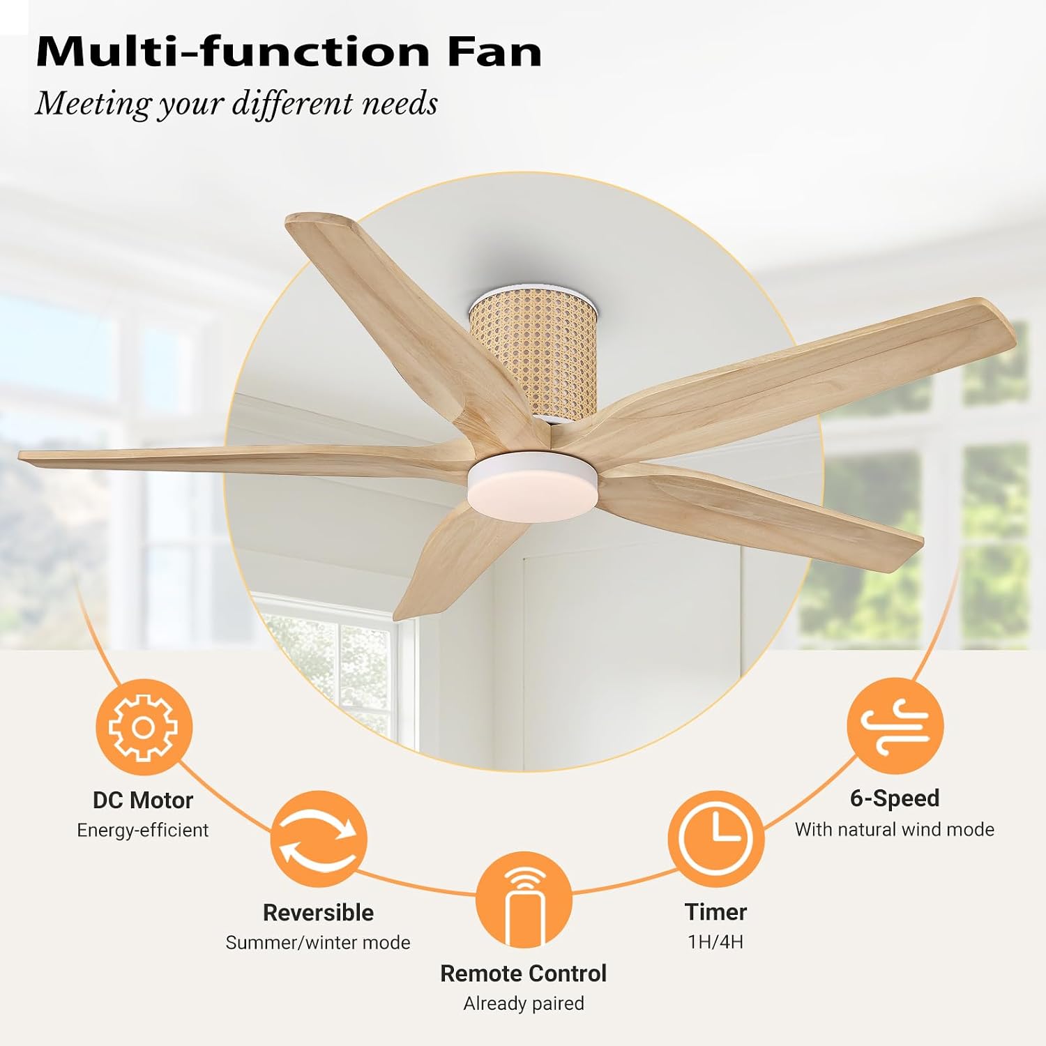 LEDLUX 54' Ceiling Fan with Light - Low Profile Flush Mount Ceiling Fan, 6-Speed Remote Control, Solid Wood, Quiet Reversible DC Motor, Wood/White Finish, for Bedroom, Living Room, Porch