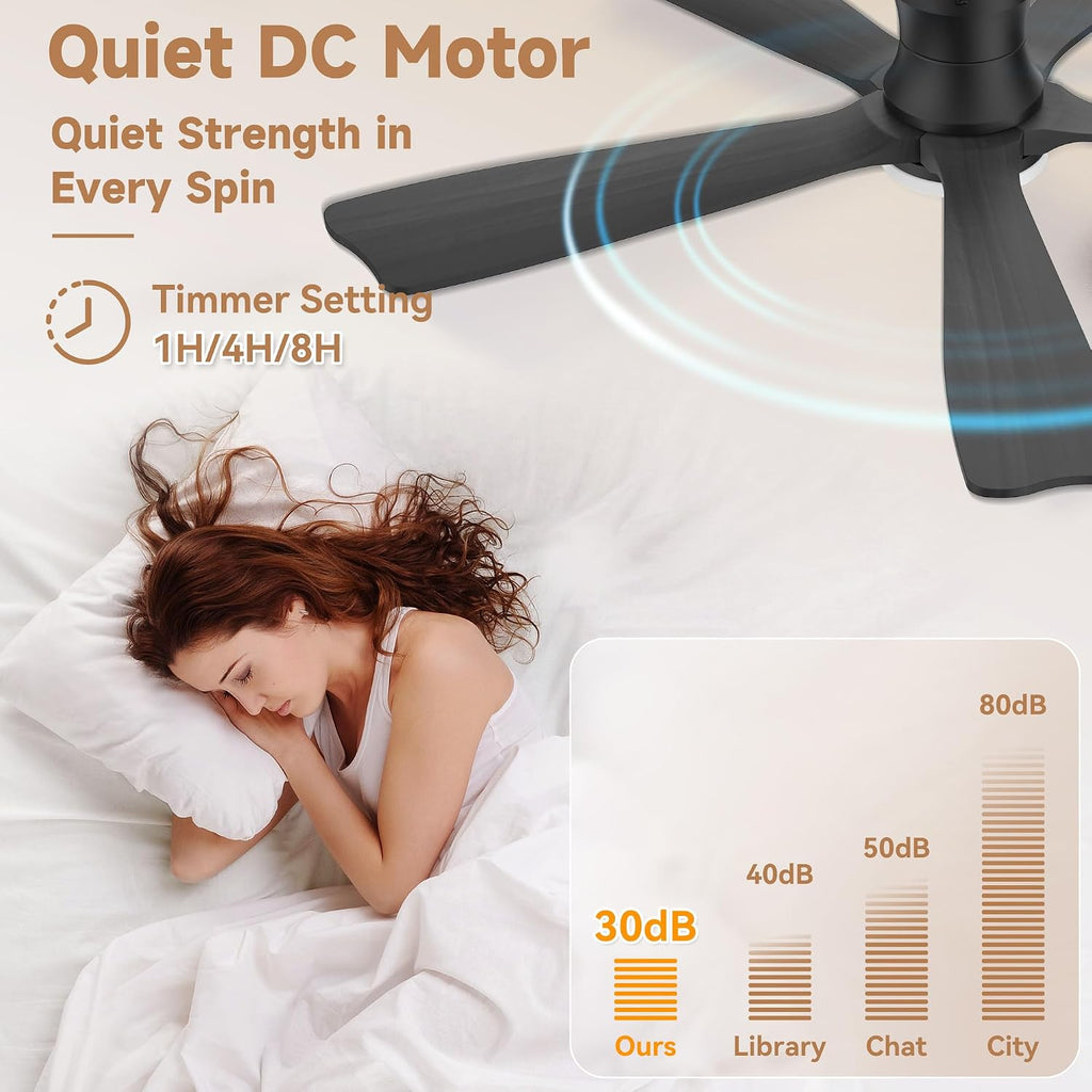 52'Wood Smart Flush Mount Ceiling Fans with Lights Remote,Control via WIFI Alexa Google App,6 Speed,Quiet DC Motor,Modern Black Outdoor Indoor Low Profile Ceiling Fan for Bedroom Patio Porch