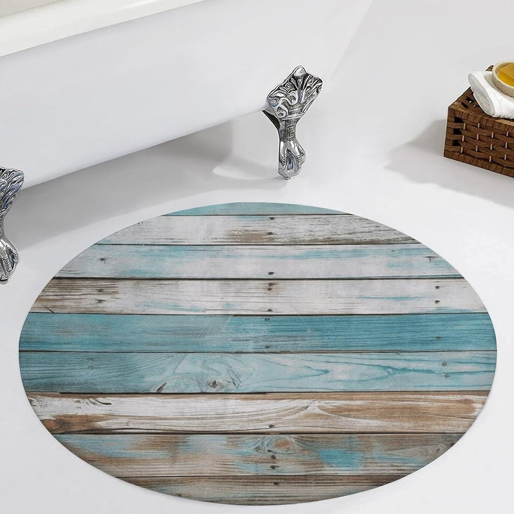 Vintage Beach Wood Old Blue Color Wooden Plank Coral Velvet Round Floor Mat Non-Slip Bath Rug Floor Covering for Bathroom Vanity Guest Suite & Vacation Home