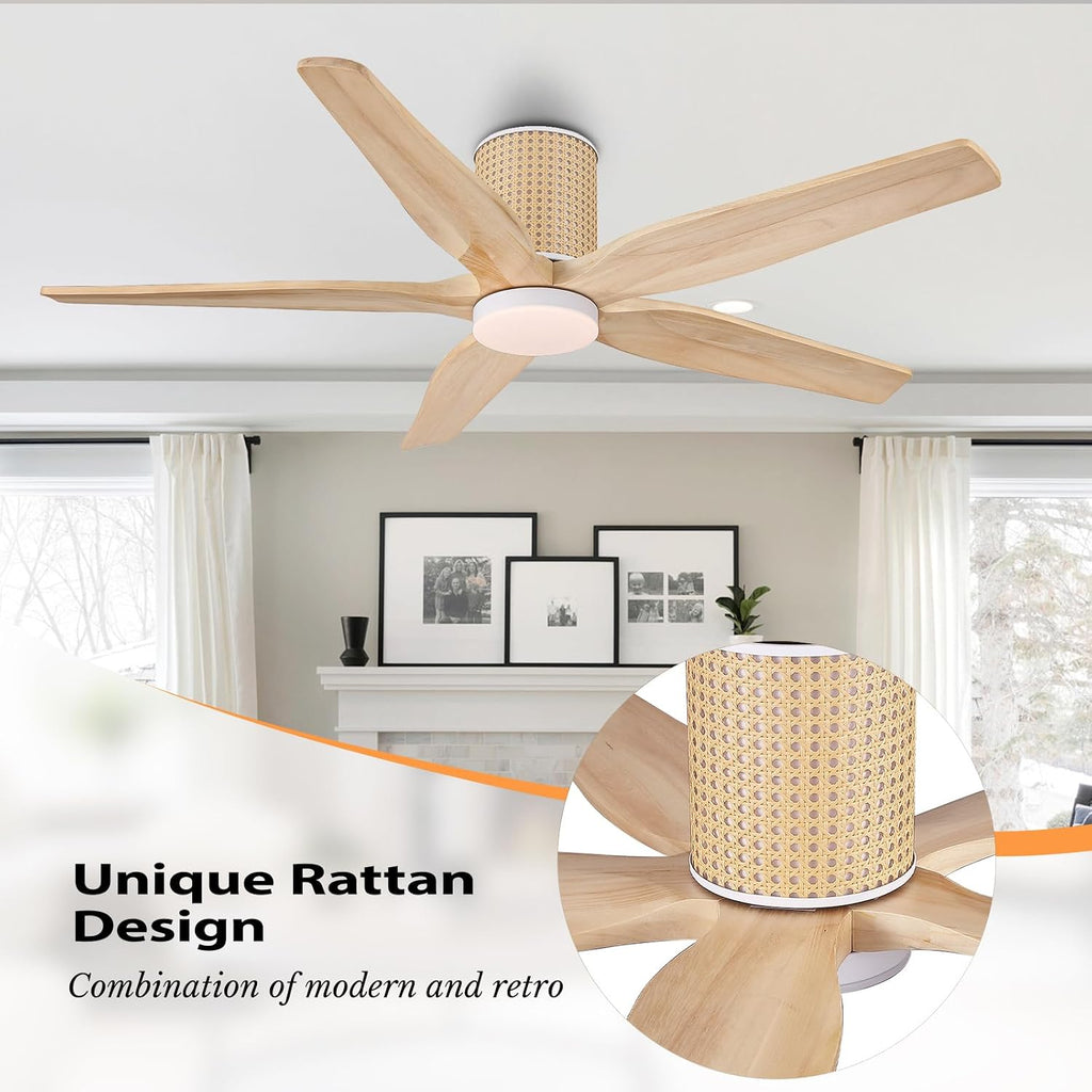 LEDLUX 54' Ceiling Fan with Light - Low Profile Flush Mount Ceiling Fan, 6-Speed Remote Control, Solid Wood, Quiet Reversible DC Motor, Wood/White Finish, for Bedroom, Living Room, Porch