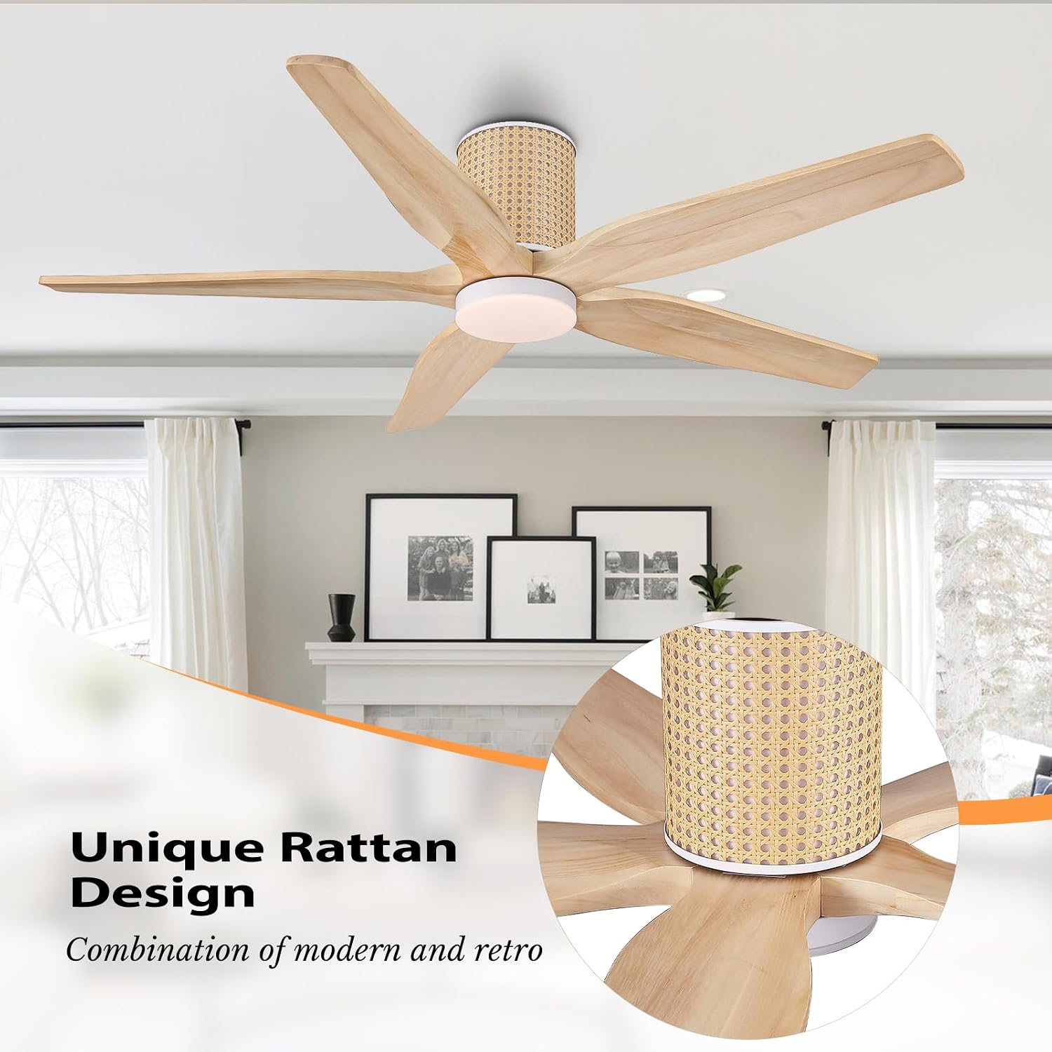LEDLUX 54' Ceiling Fan with Light - Low Profile Flush Mount Ceiling Fan, 6-Speed Remote Control, Solid Wood, Quiet Reversible DC Motor, Wood/White Finish, for Bedroom, Living Room, Porch