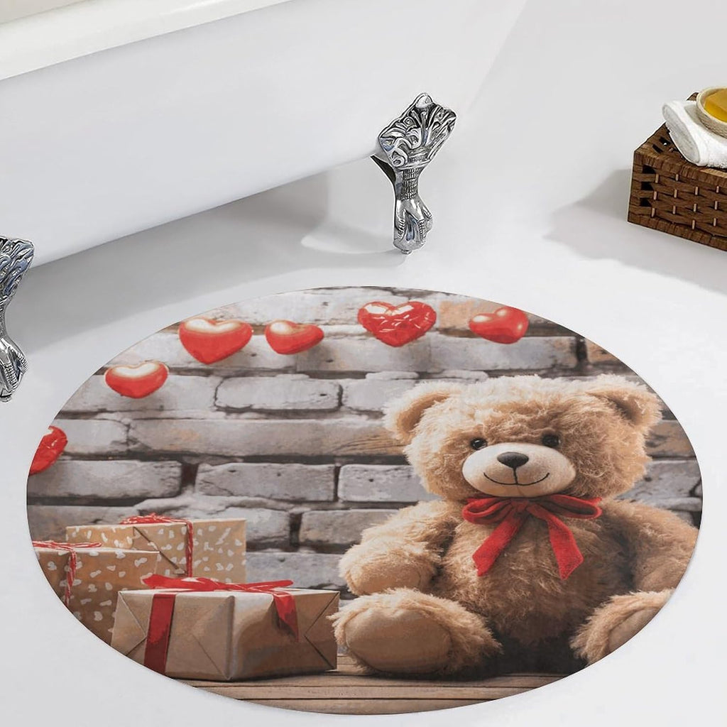 Cute Bear Valentine Gift Coral Velvet Round Floor Mat Non-Slip Bath Rug Floor Covering for Bathroom Vanity Guest Suite & Vacation Home