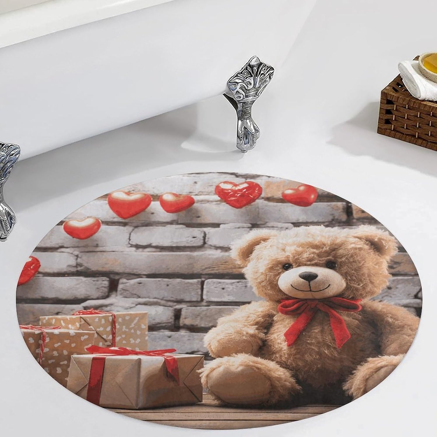 Cute Bear Valentine Gift Coral Velvet Round Floor Mat Non-Slip Bath Rug Floor Covering for Bathroom Vanity Guest Suite & Vacation Home