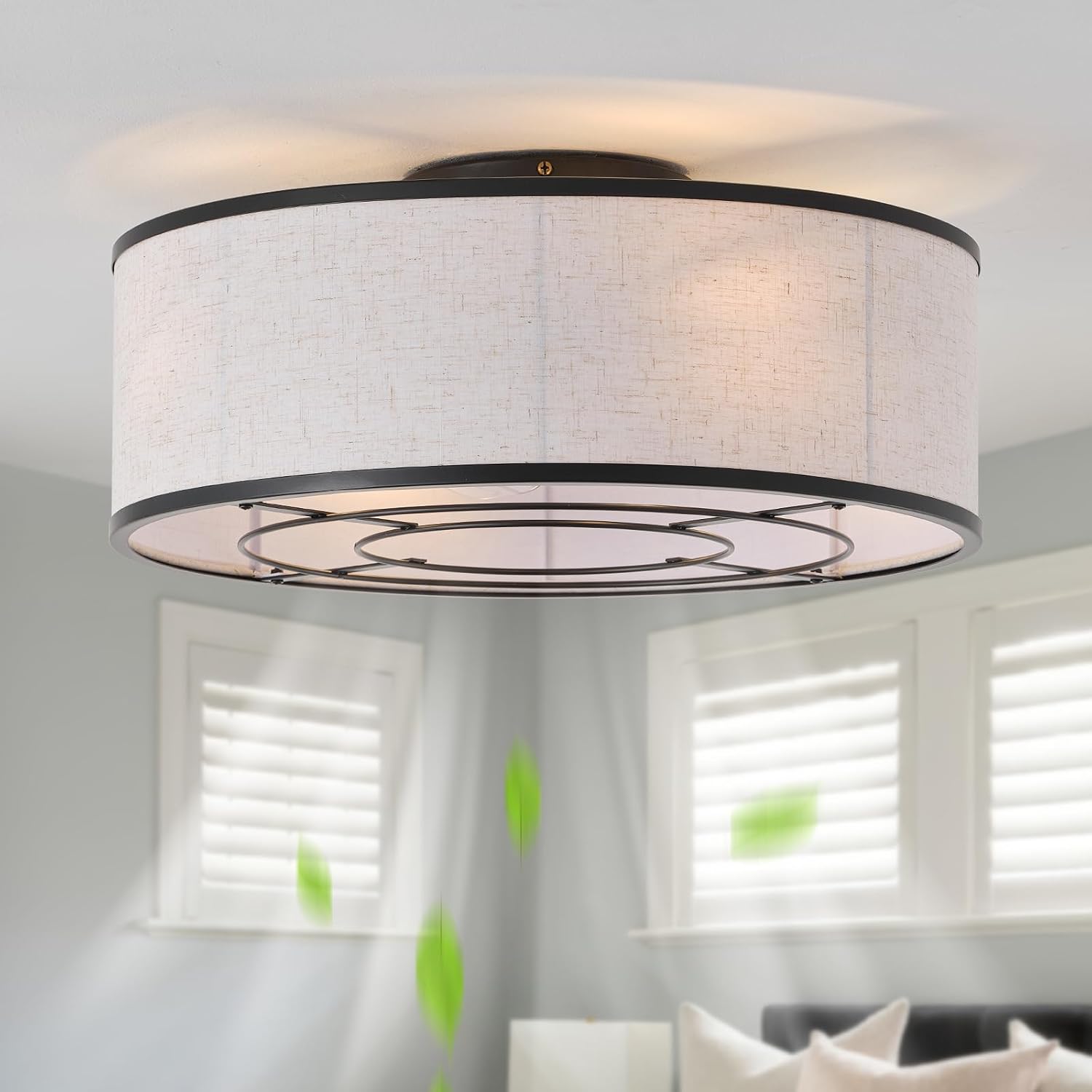 20' Black Low Profile Ceiling Fans with Lights, Boho Flush Mount Ceiling Fan with Light and Remote, Rattan with 6 Speeds for Bedroom, Nursery, Living Room